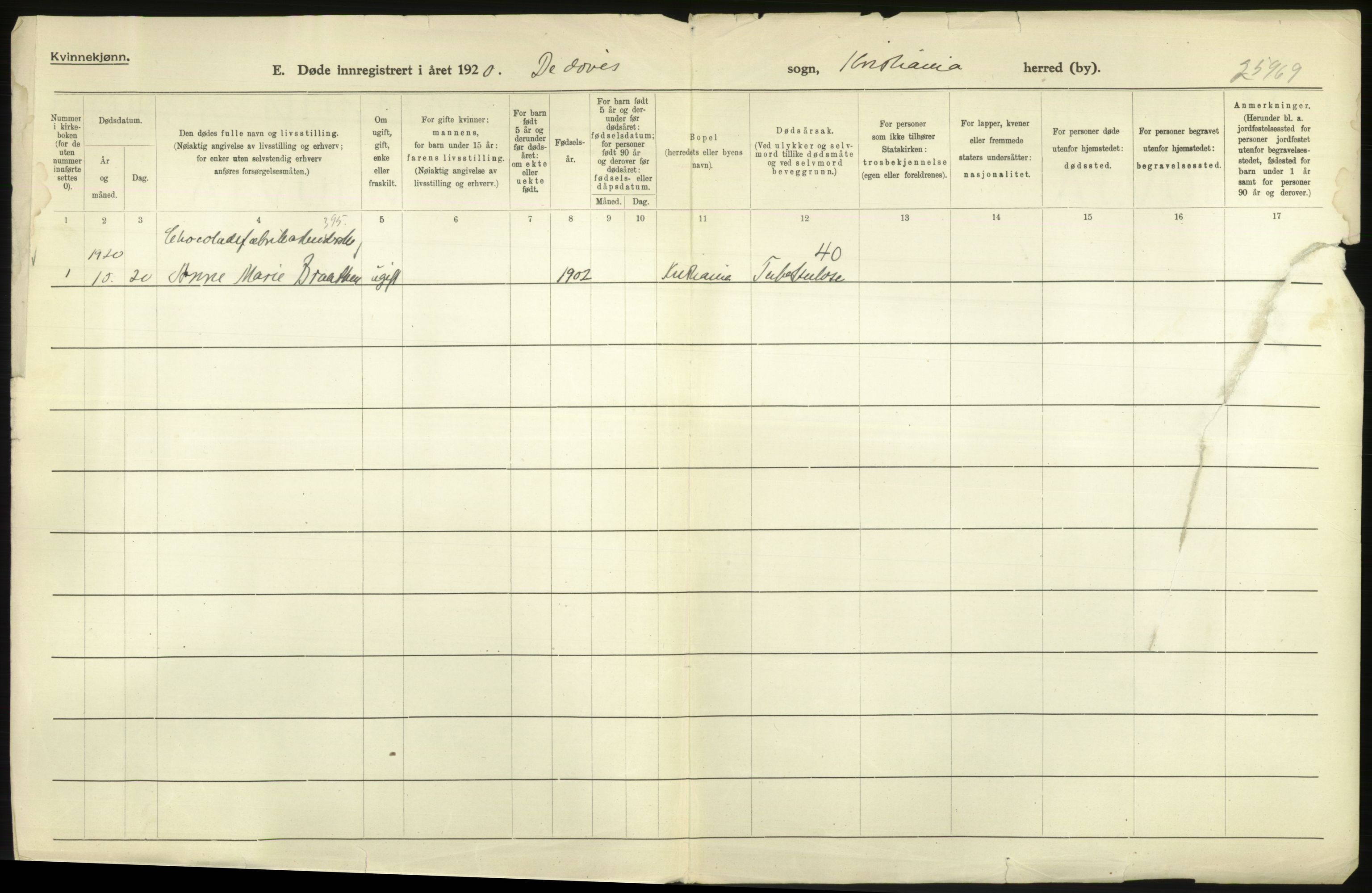 Statistisk sentralbyrå, Sosiodemografiske emner, Befolkning, AV/RA-S-2228/D/Df/Dfb/Dfbj/L0014: Kristiania: Døde, 1920