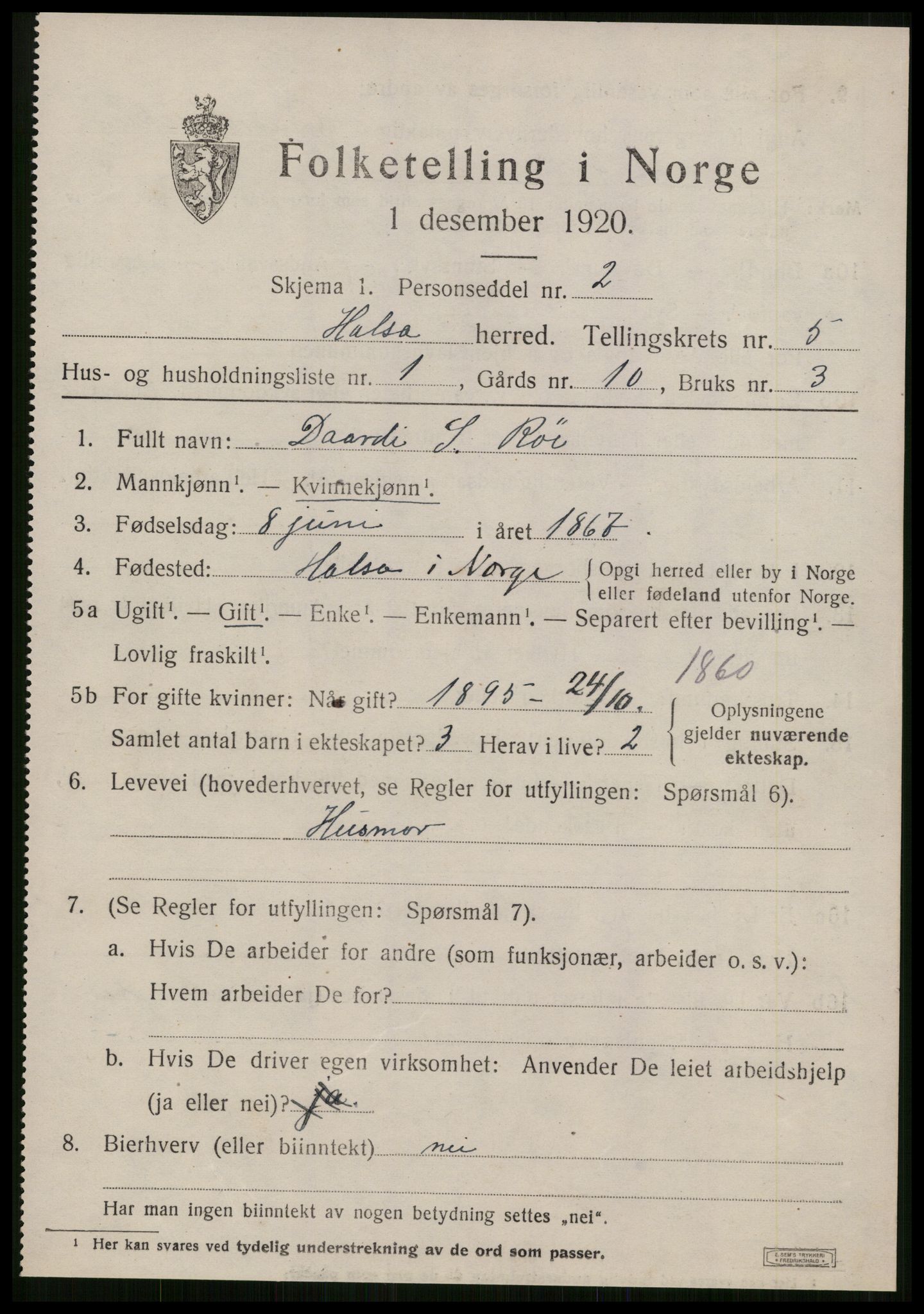 SAT, 1920 census for Halsa, 1920, p. 2007