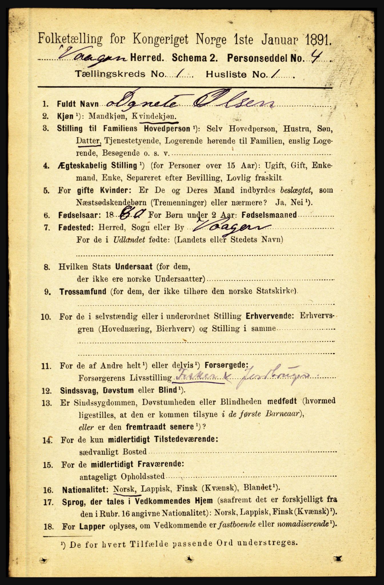 RA, 1891 census for 1865 Vågan, 1891, p. 99