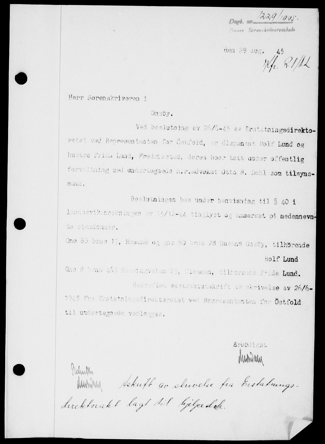 Onsøy sorenskriveri, SAO/A-10474/G/Ga/Gab/L0015: Mortgage book no. II A-15, 1945-1946, Diary no: : 1229/1945