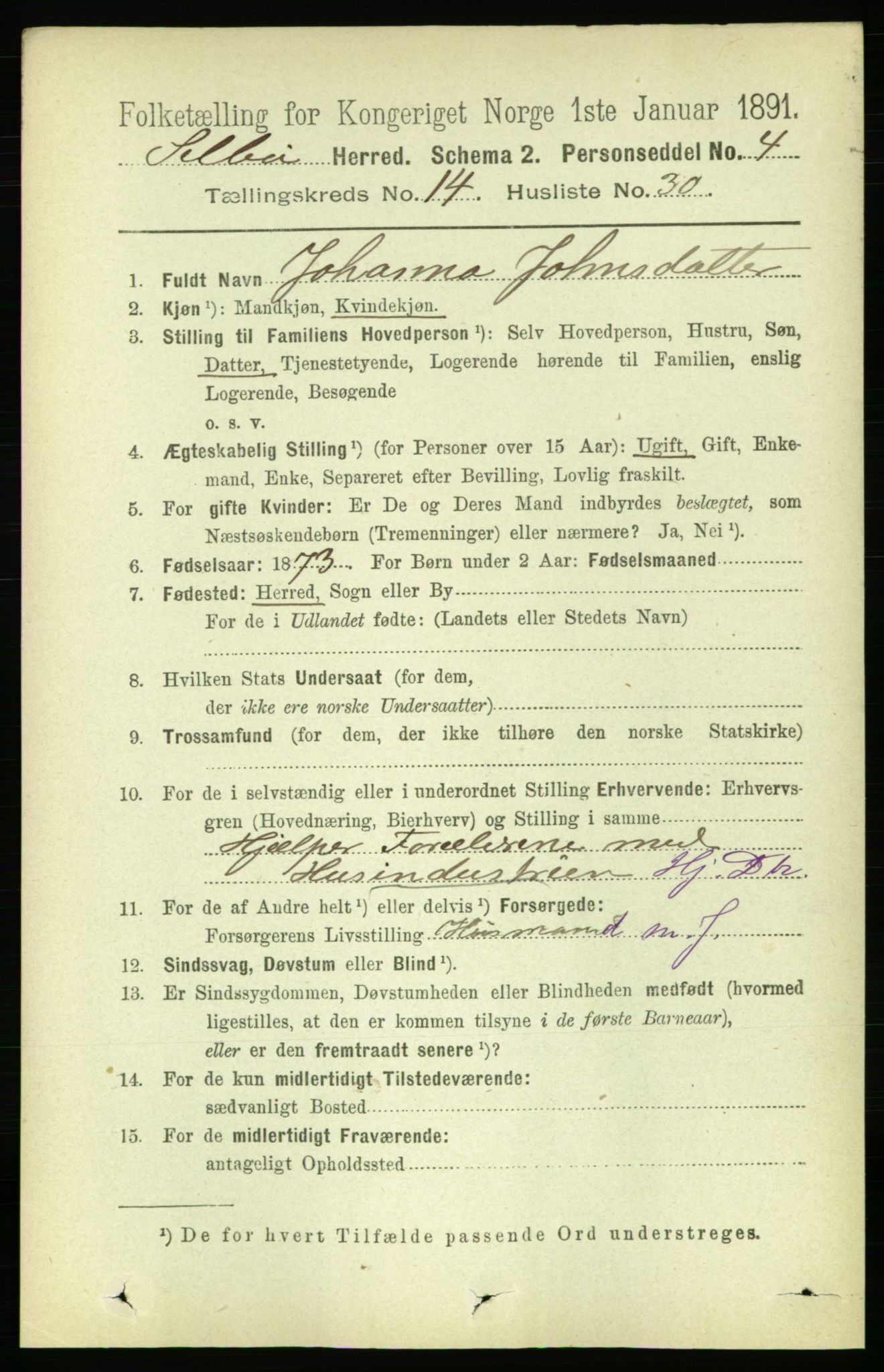 RA, 1891 census for 1664 Selbu, 1891, p. 5286