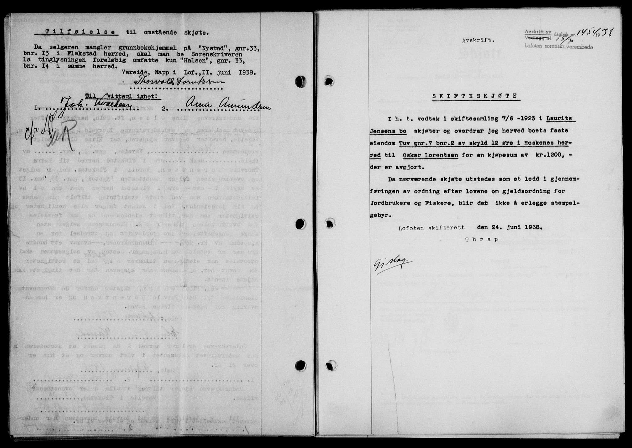 Lofoten sorenskriveri, SAT/A-0017/1/2/2C/L0004a: Mortgage book no. 4a, 1938-1938, Diary no: : 1454/1938