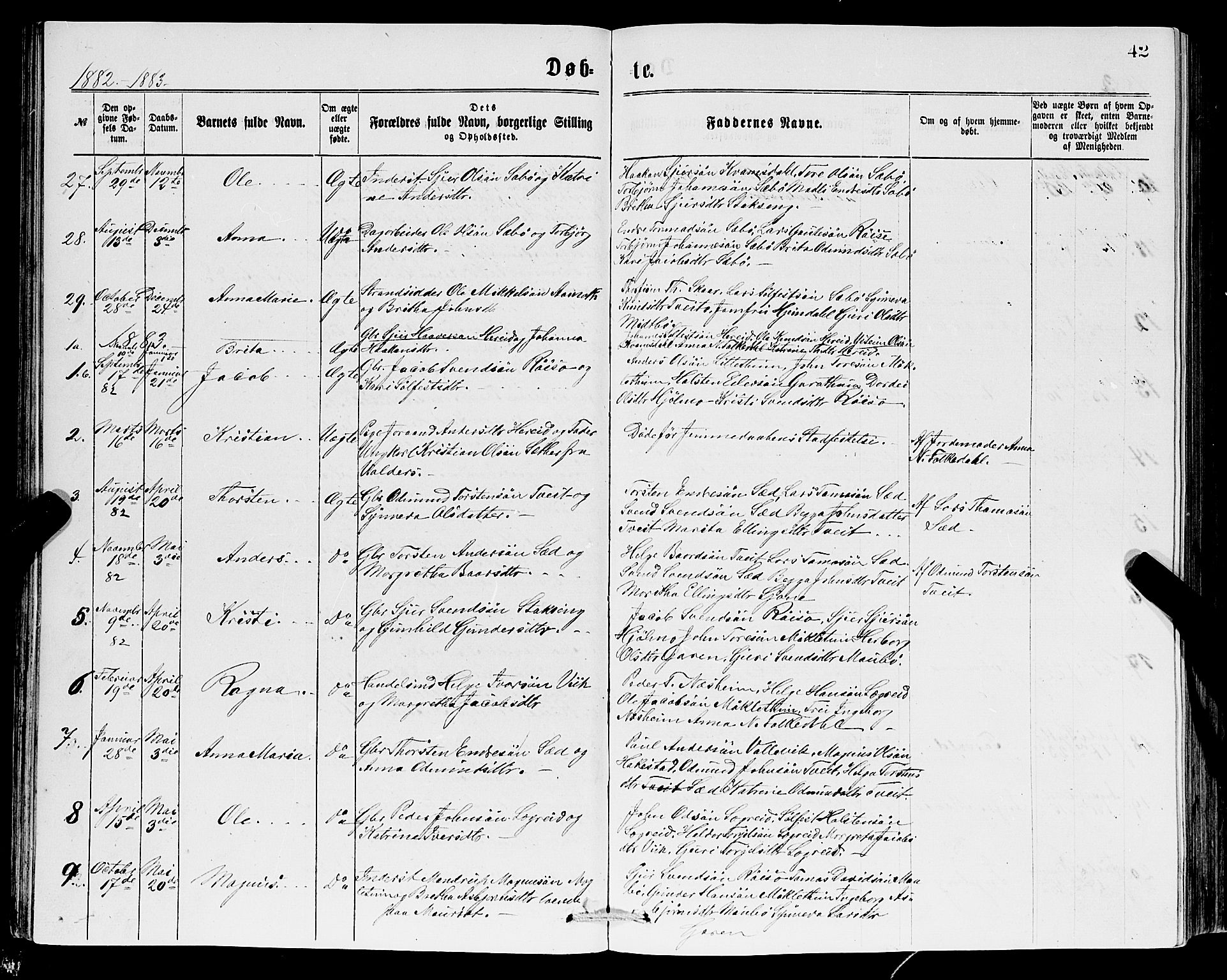 Ullensvang sokneprestembete, SAB/A-78701/H/Hab: Parish register (copy) no. C 2, 1871-1899, p. 42