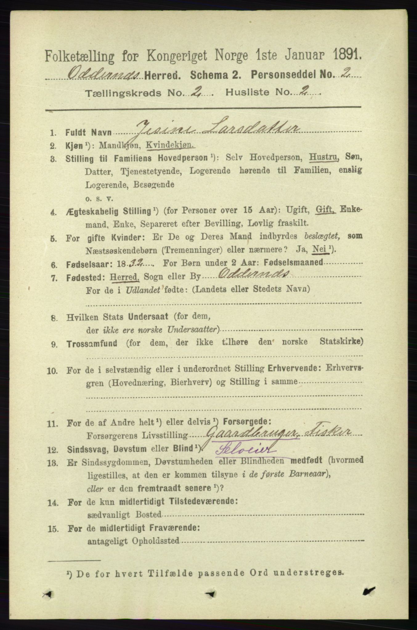 RA, 1891 census for 1012 Oddernes, 1891, p. 567