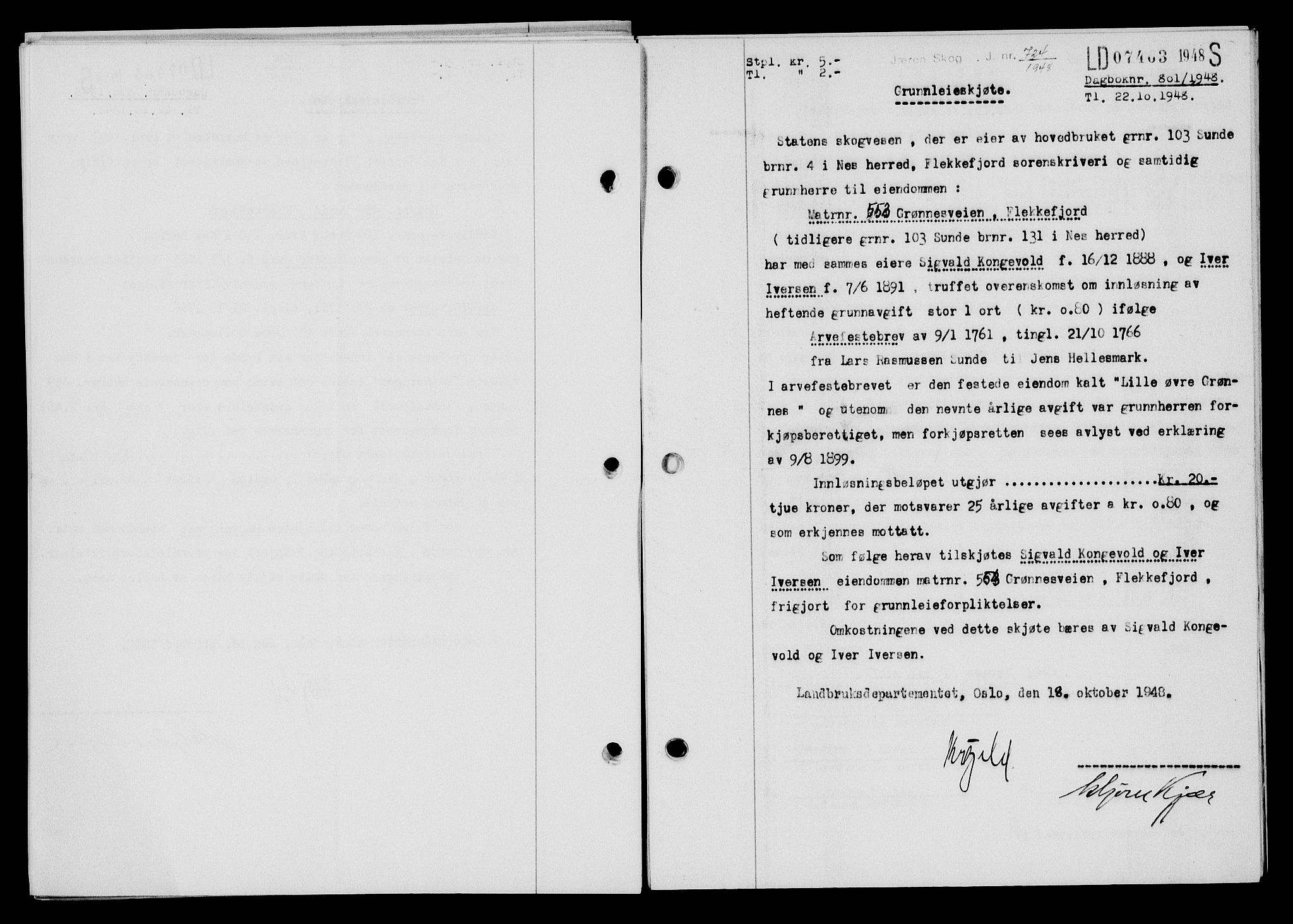 Flekkefjord sorenskriveri, SAK/1221-0001/G/Gb/Gba/L0064: Mortgage book no. A-12, 1948-1949, Diary no: : 801/1948
