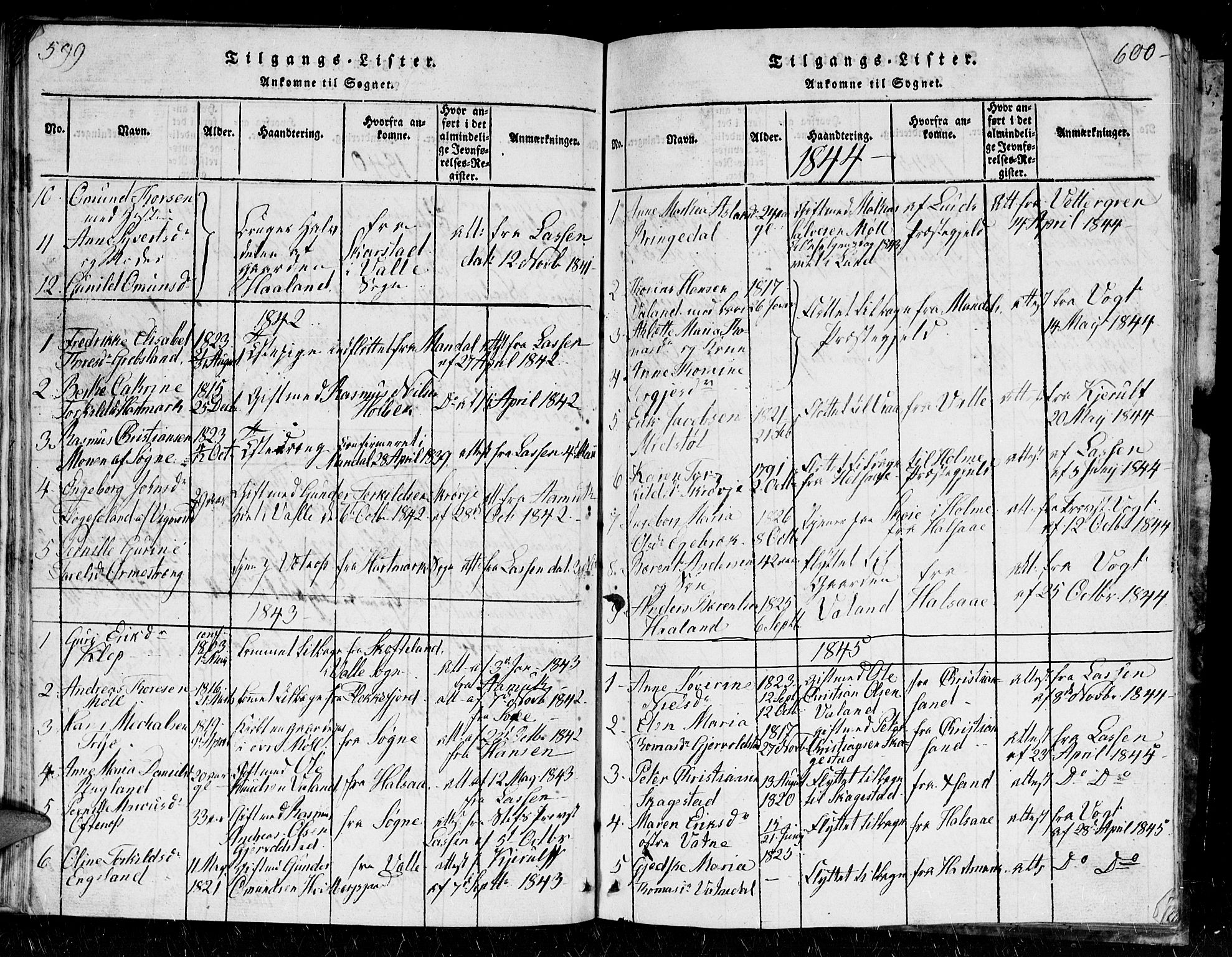 Holum sokneprestkontor, SAK/1111-0022/F/Fb/Fba/L0002: Parish register (copy) no. B 2, 1820-1849, p. 599-600