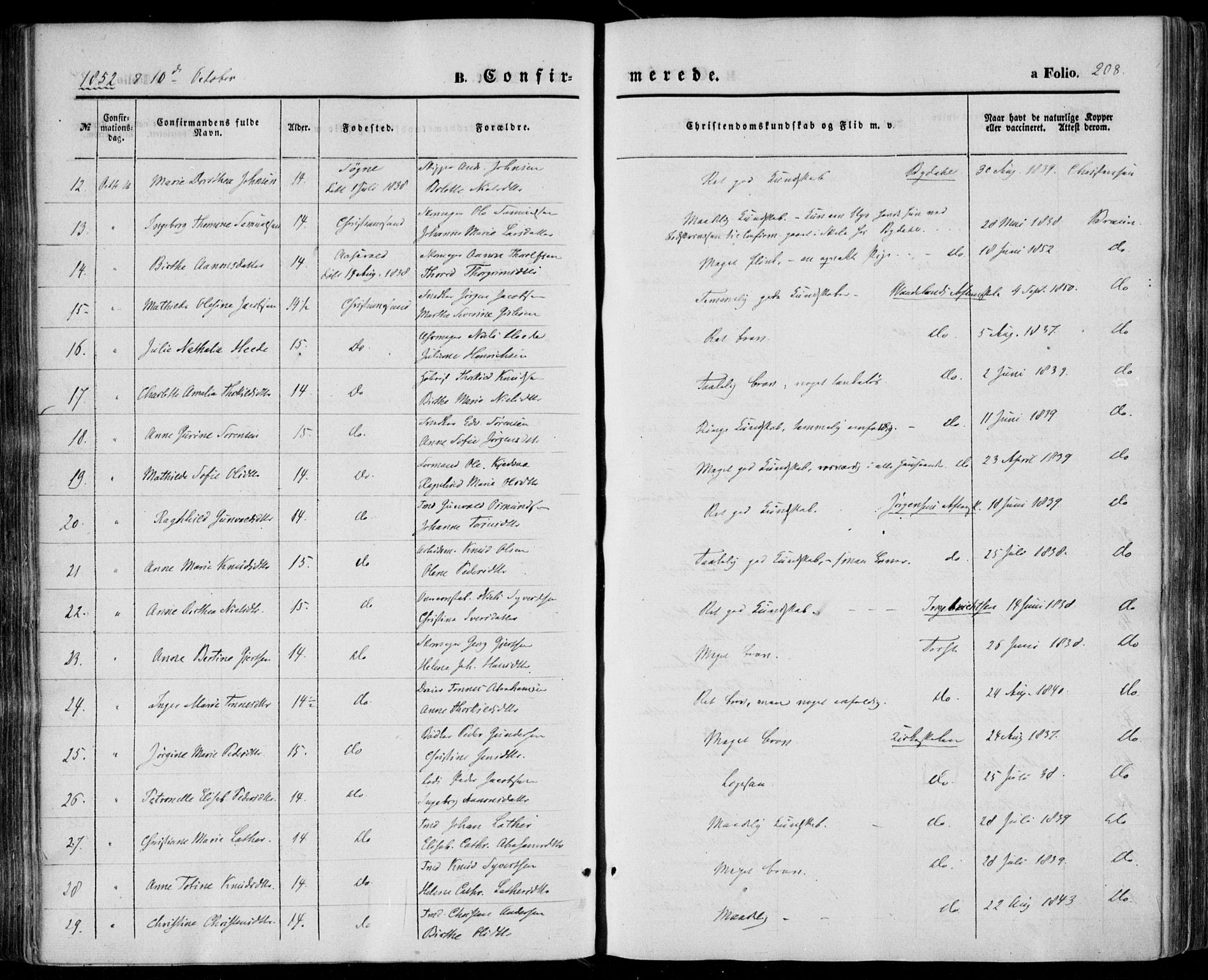 Kristiansand domprosti, SAK/1112-0006/F/Fa/L0014: Parish register (official) no. A 14, 1852-1867, p. 208
