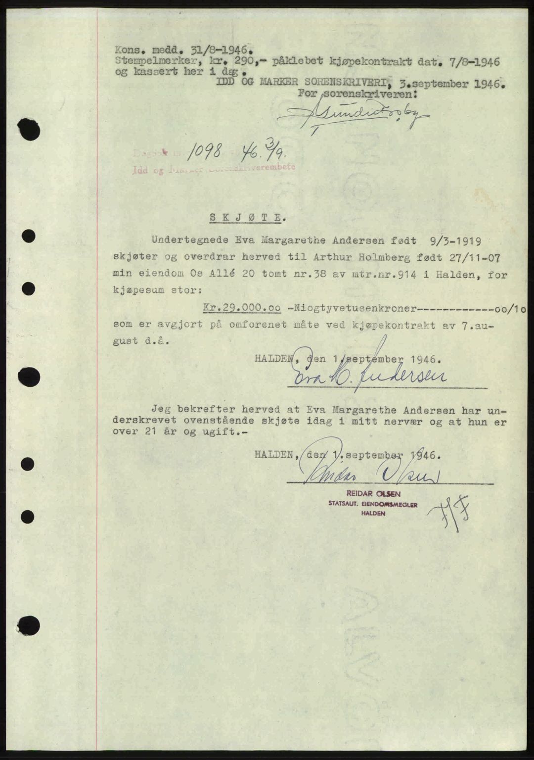 Idd og Marker sorenskriveri, AV/SAO-A-10283/G/Gb/Gbb/L0008: Mortgage book no. A8, 1946-1946, Diary no: : 1098/1946