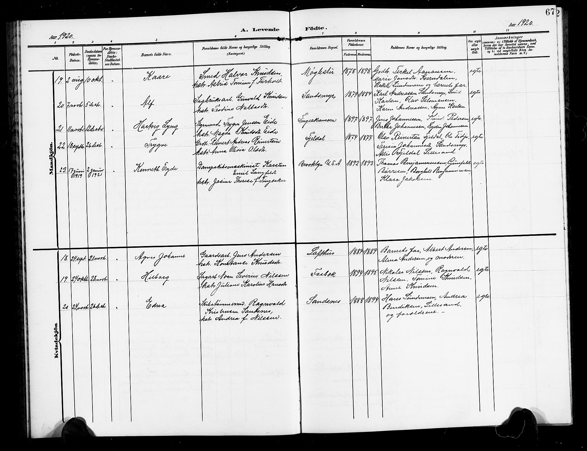 Vestre Moland sokneprestkontor, AV/SAK-1111-0046/F/Fb/Fbb/L0007: Parish register (copy) no. B 7, 1906-1929, p. 67