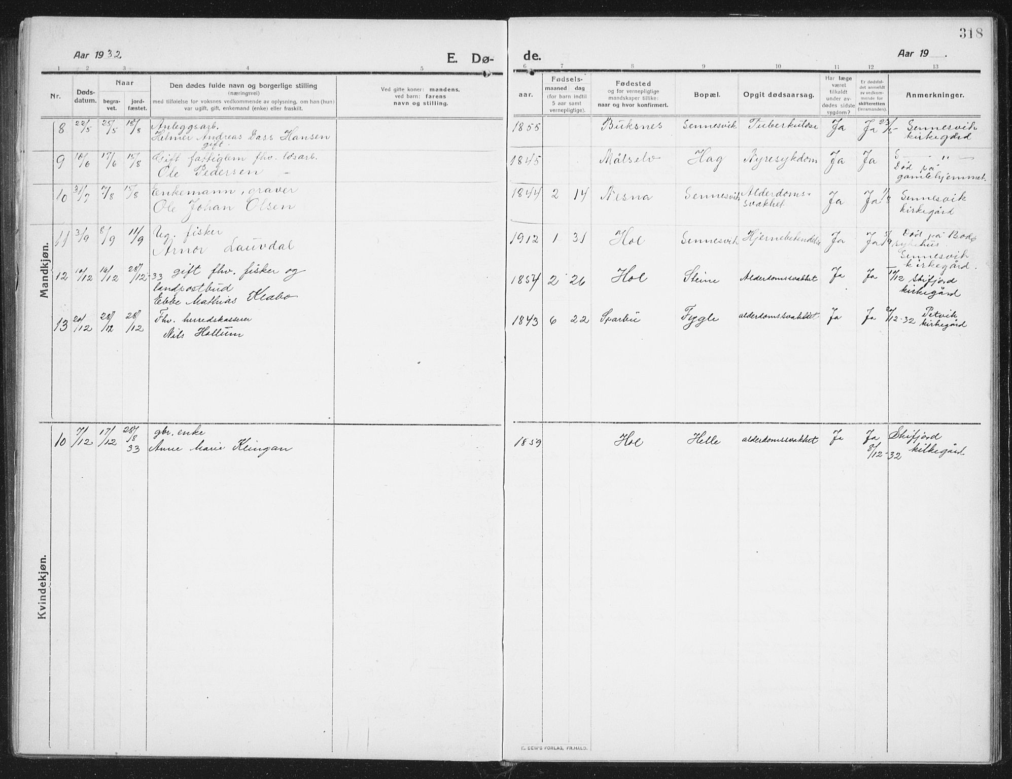 Ministerialprotokoller, klokkerbøker og fødselsregistre - Nordland, SAT/A-1459/882/L1183: Parish register (copy) no. 882C01, 1911-1938, p. 318