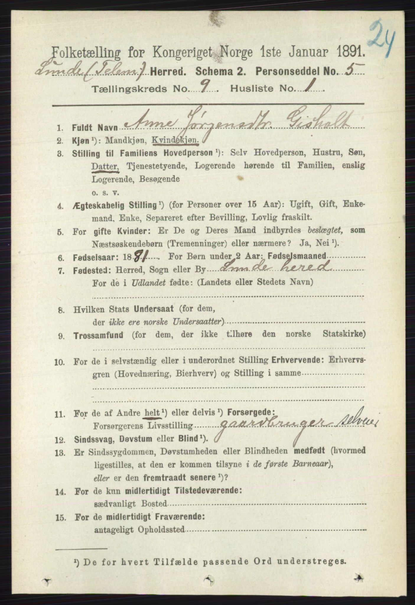 RA, 1891 census for 0820 Lunde, 1891, p. 2727