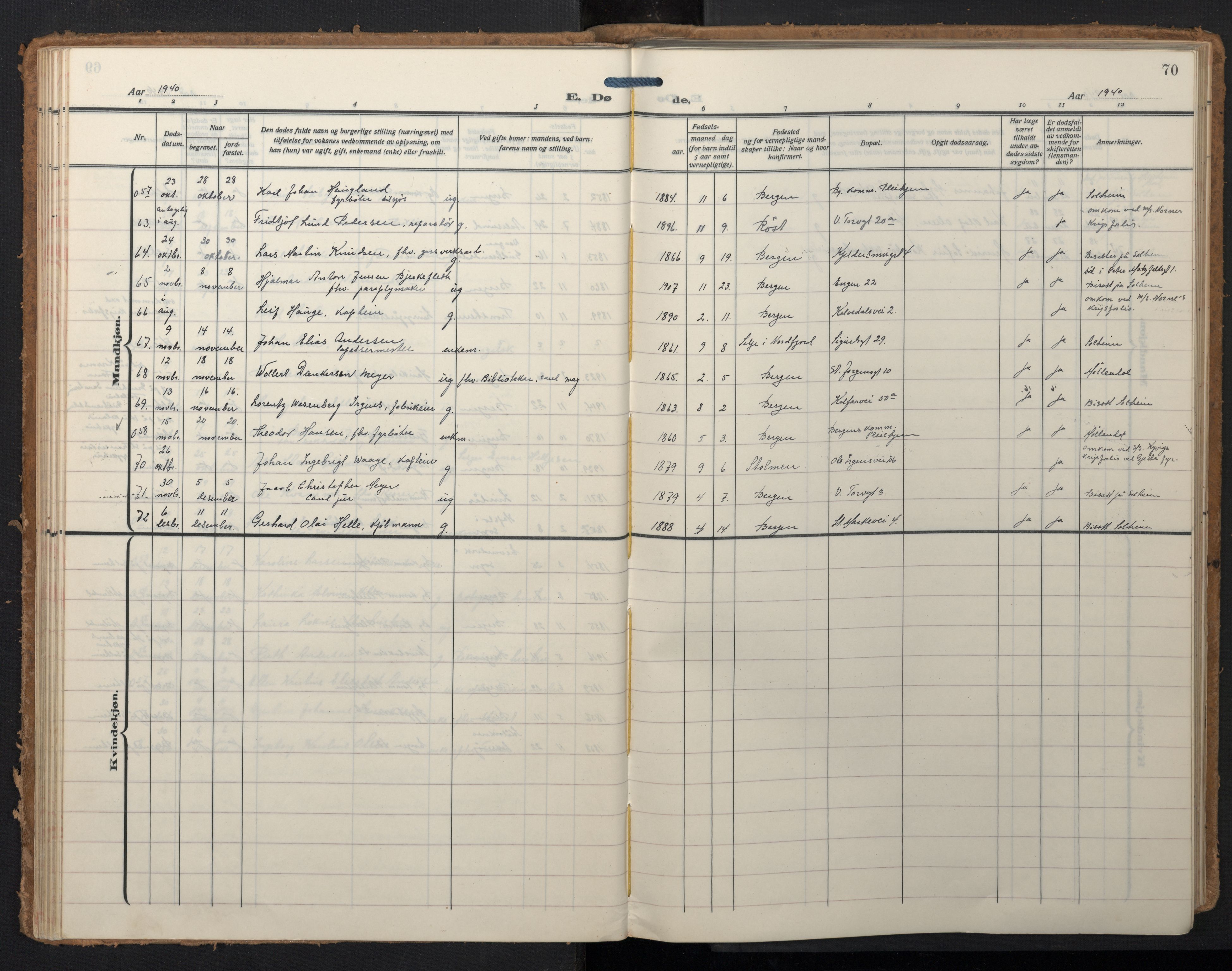 Domkirken sokneprestembete, SAB/A-74801/H/Hab/L0043: Parish register (copy) no. E 7, 1929-1965, p. 69b-70a
