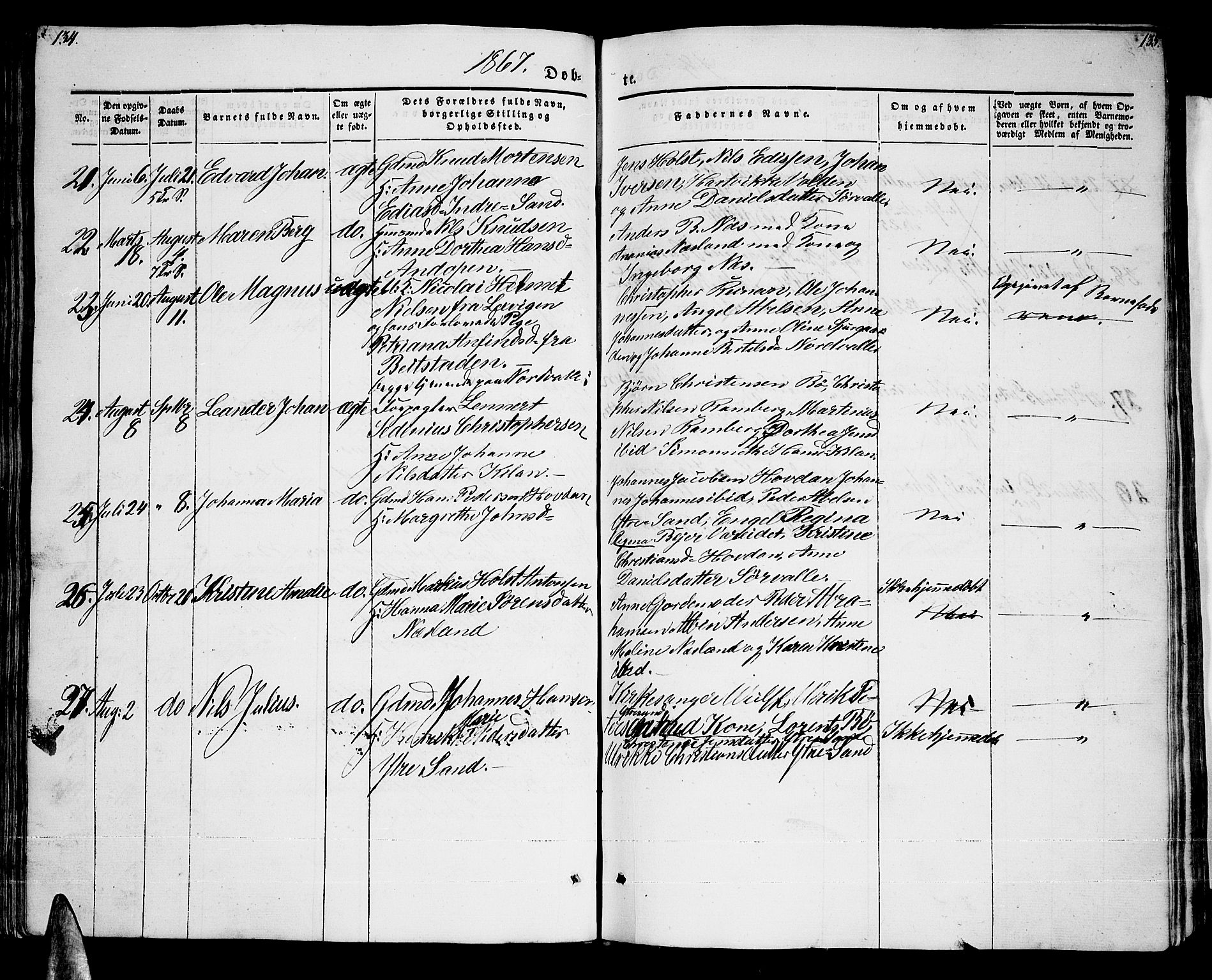 Ministerialprotokoller, klokkerbøker og fødselsregistre - Nordland, AV/SAT-A-1459/885/L1212: Parish register (copy) no. 885C01, 1847-1873, p. 134-135