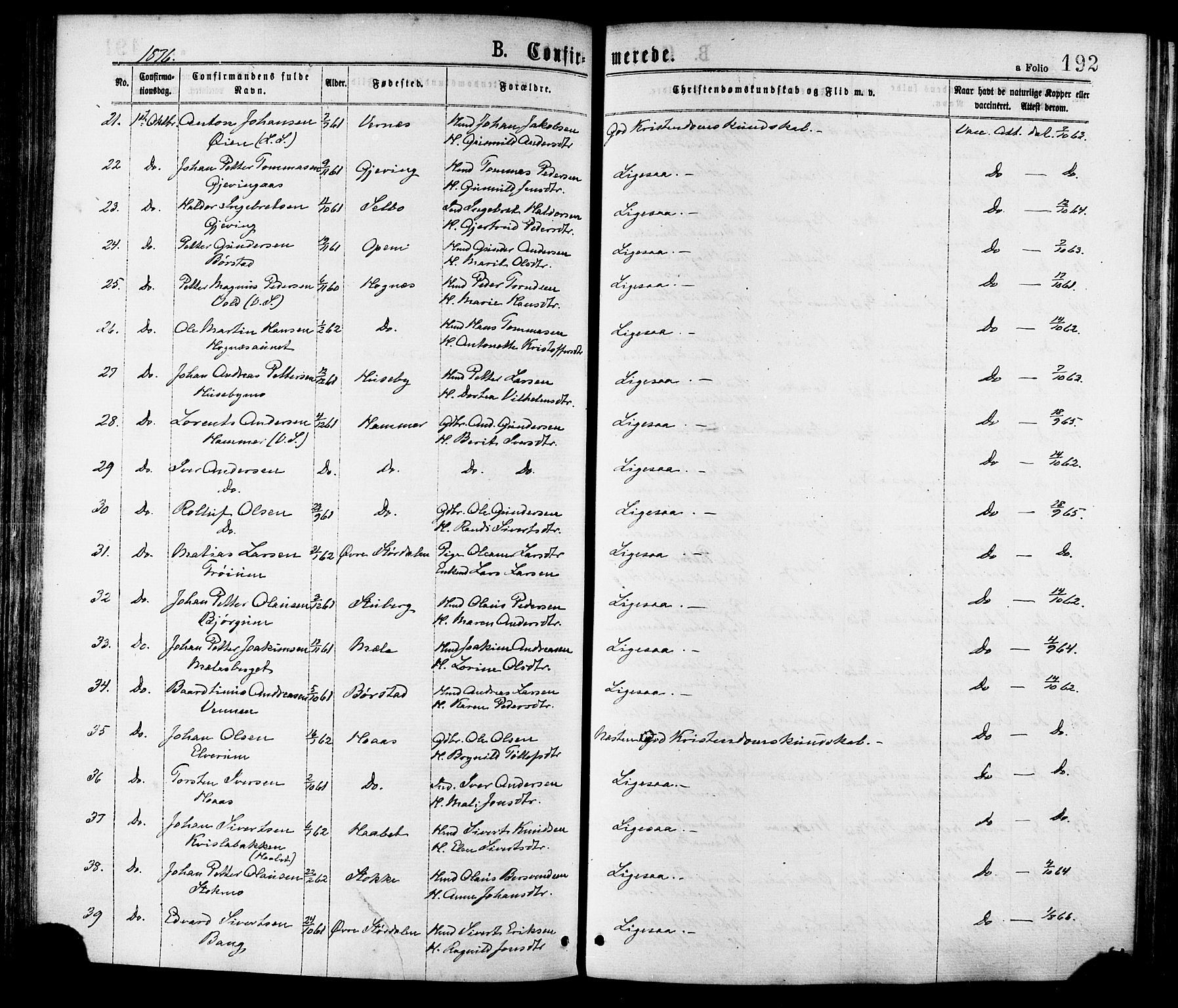 Ministerialprotokoller, klokkerbøker og fødselsregistre - Nord-Trøndelag, SAT/A-1458/709/L0076: Parish register (official) no. 709A16, 1871-1879, p. 192