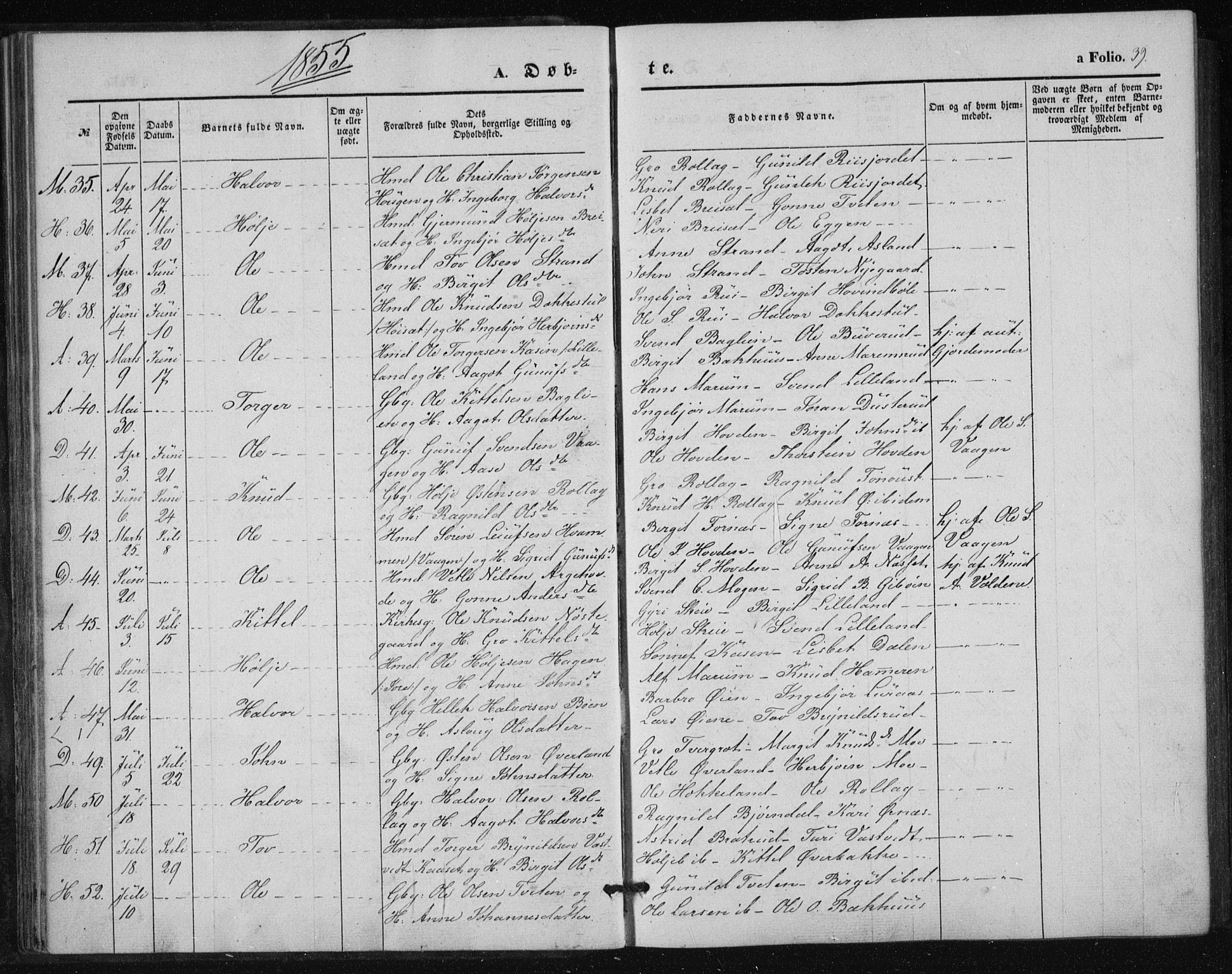 Tinn kirkebøker, AV/SAKO-A-308/F/Fa/L0005: Parish register (official) no. I 5, 1844-1856, p. 39