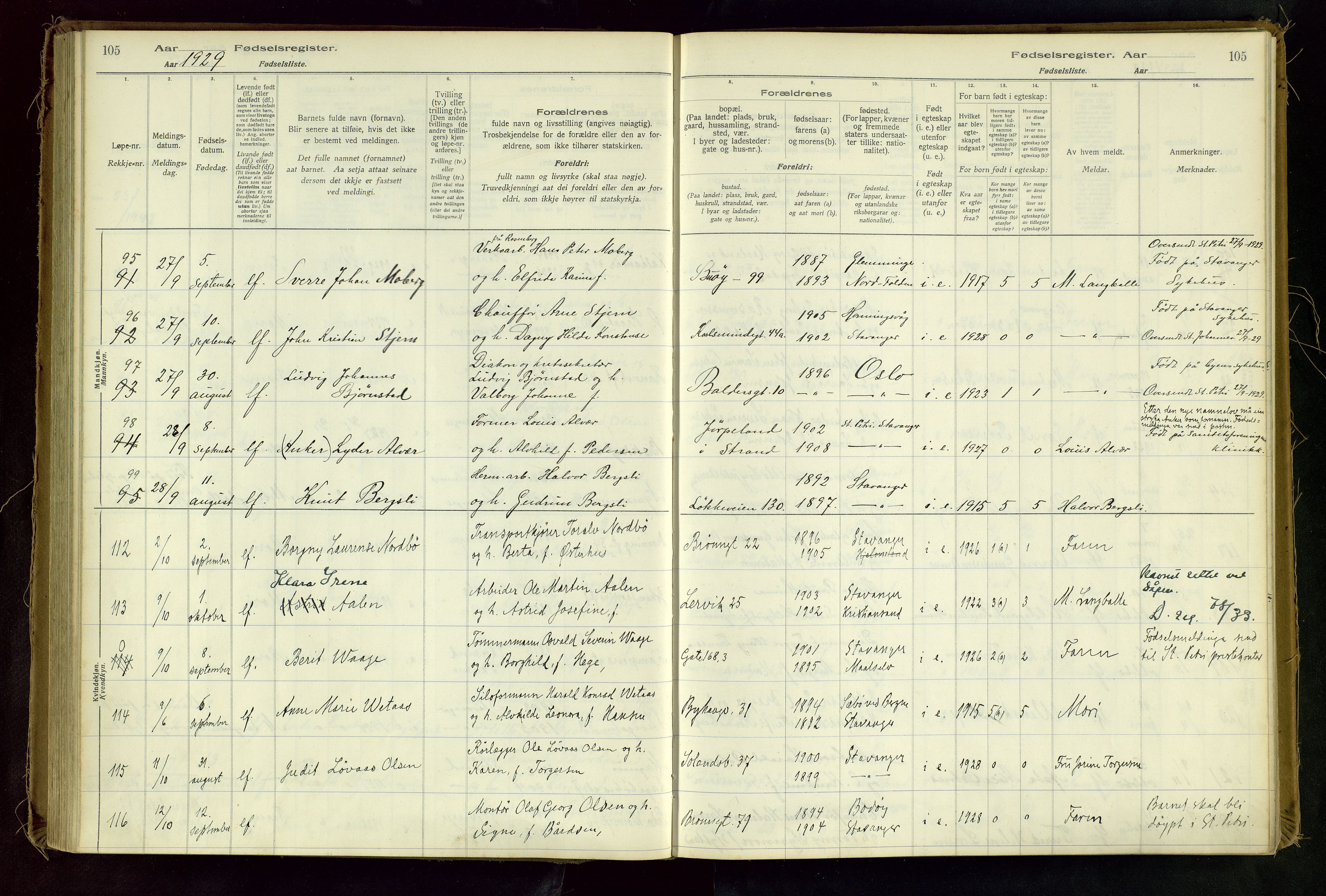 Domkirken sokneprestkontor, AV/SAST-A-101812/002/A/L0001: Birth register no. 1, 1925-1932, p. 105