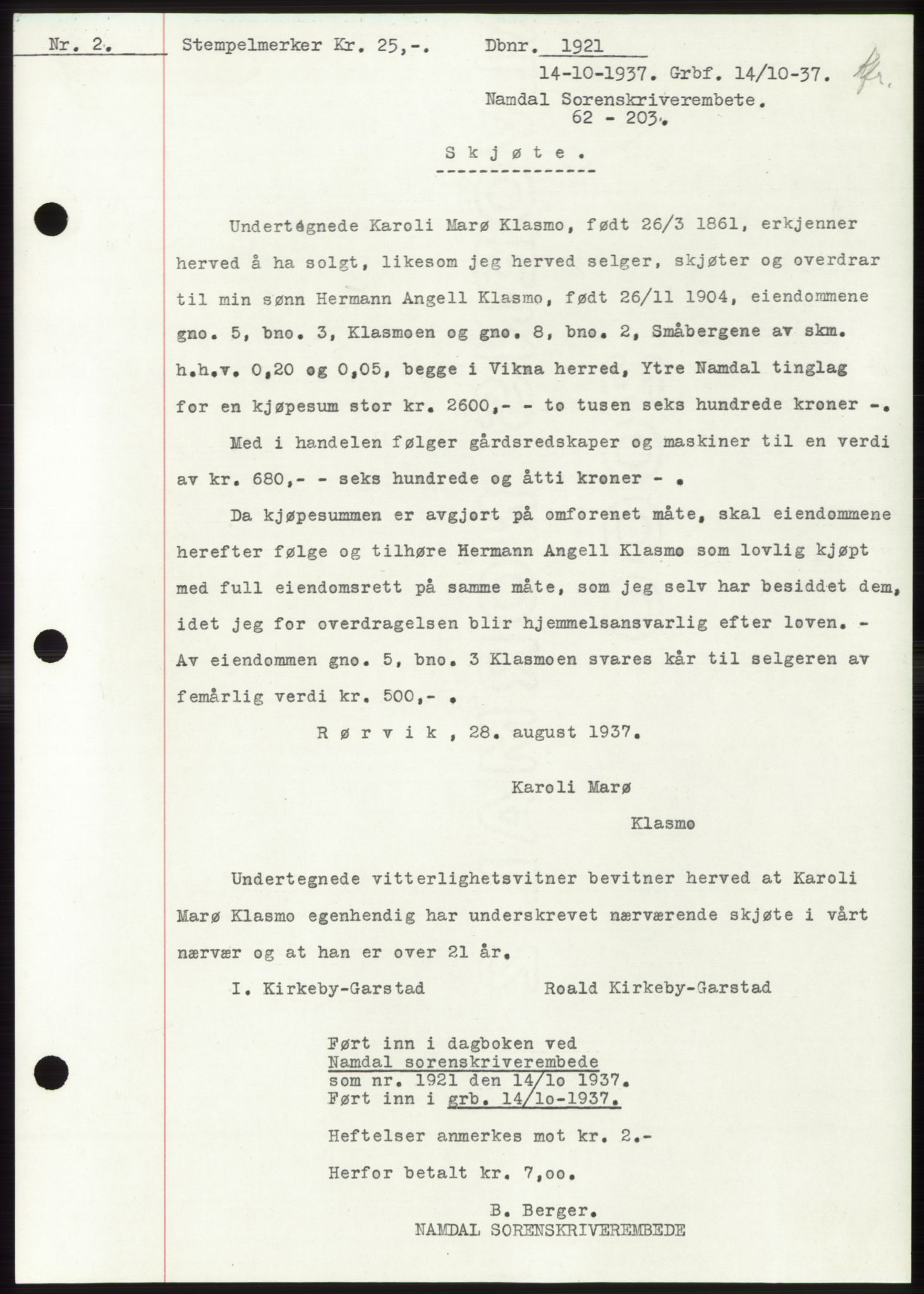 Namdal sorenskriveri, SAT/A-4133/1/2/2C: Mortgage book no. -, 1937-1939, Deed date: 14.10.1937
