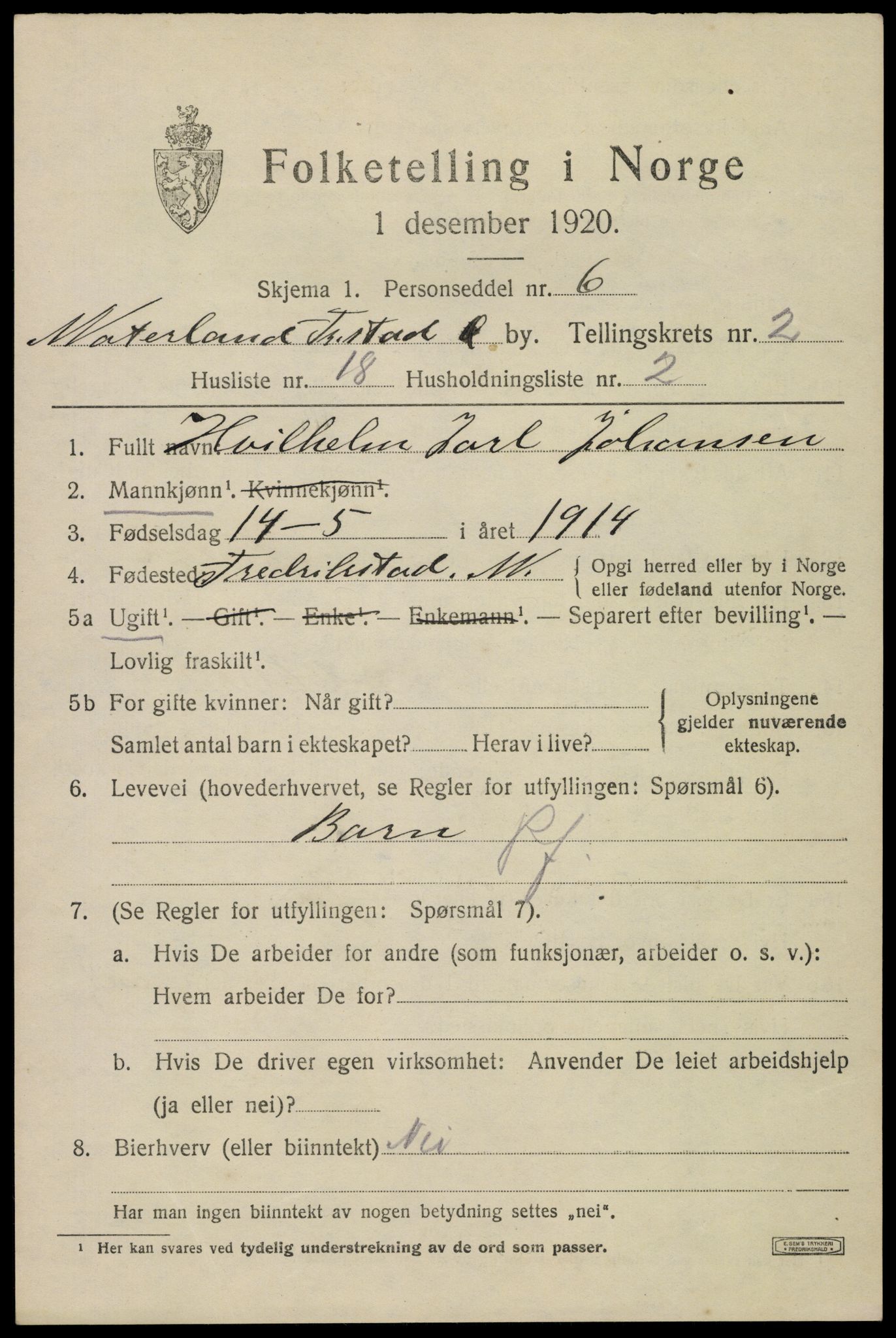 SAO, 1920 census for Fredrikstad, 1920, p. 13879