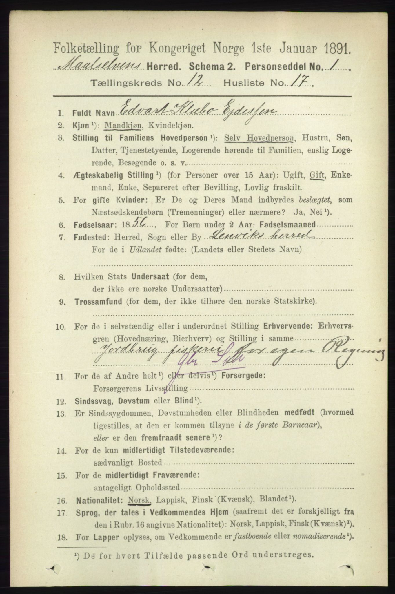 RA, 1891 census for 1924 Målselv, 1891, p. 3901