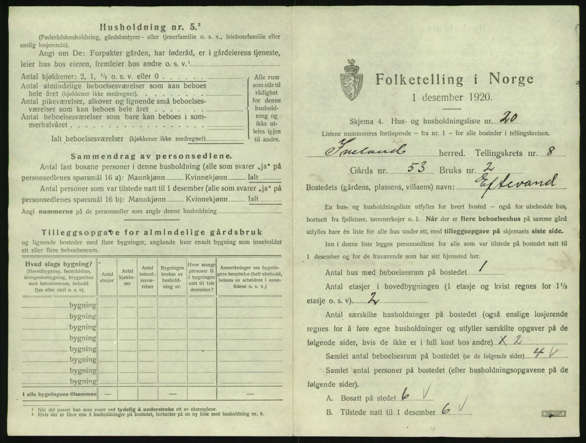 SAK, 1920 census for Iveland, 1920, p. 411