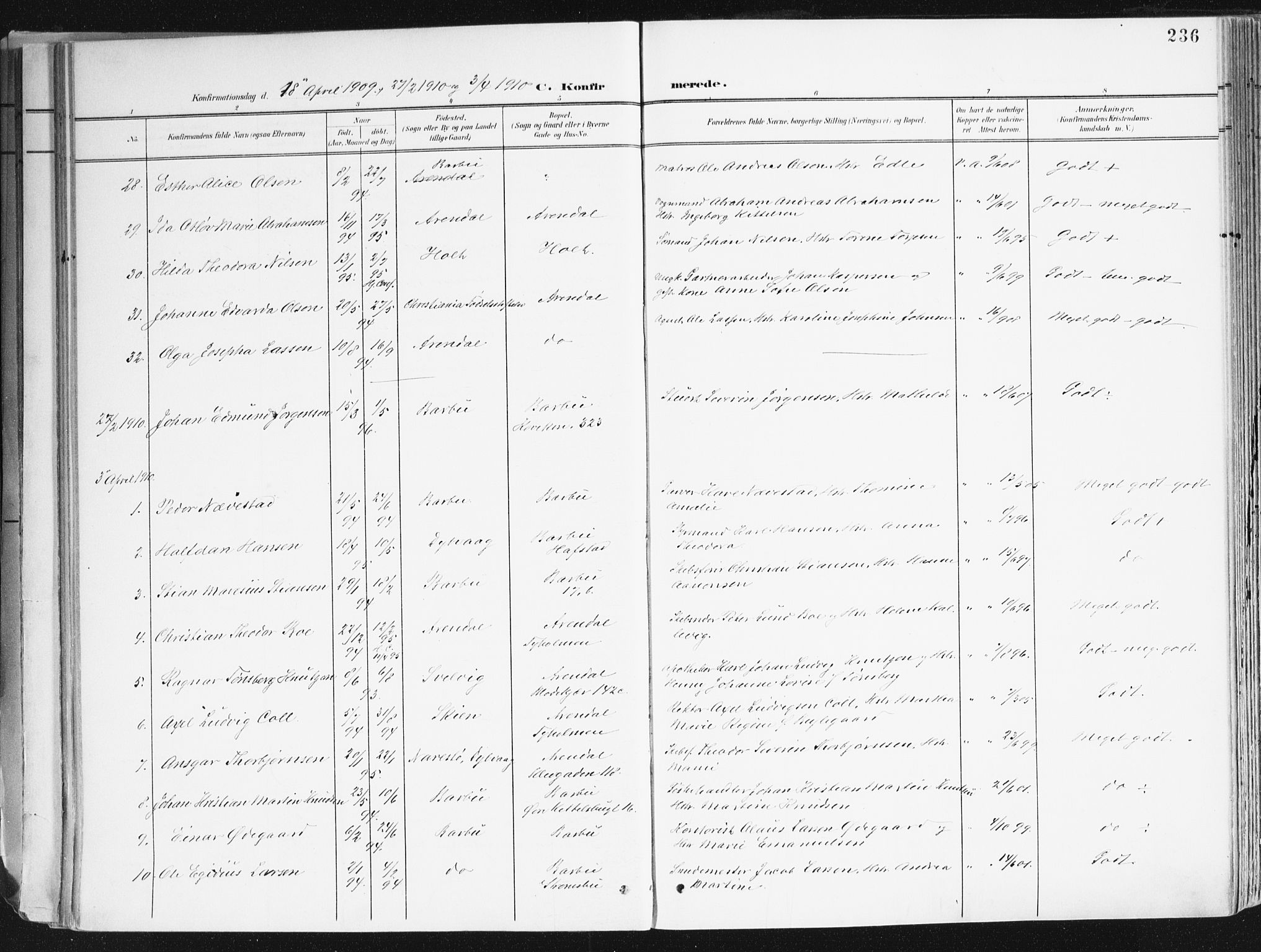 Arendal sokneprestkontor, Trefoldighet, SAK/1111-0040/F/Fa/L0010: Parish register (official) no. A 10, 1900-1919, p. 236
