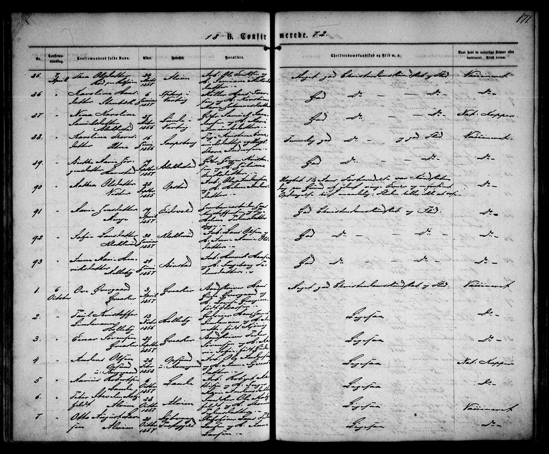 Tune prestekontor Kirkebøker, AV/SAO-A-2007/F/Fa/L0015: Parish register (official) no. 15, 1869-1873, p. 171