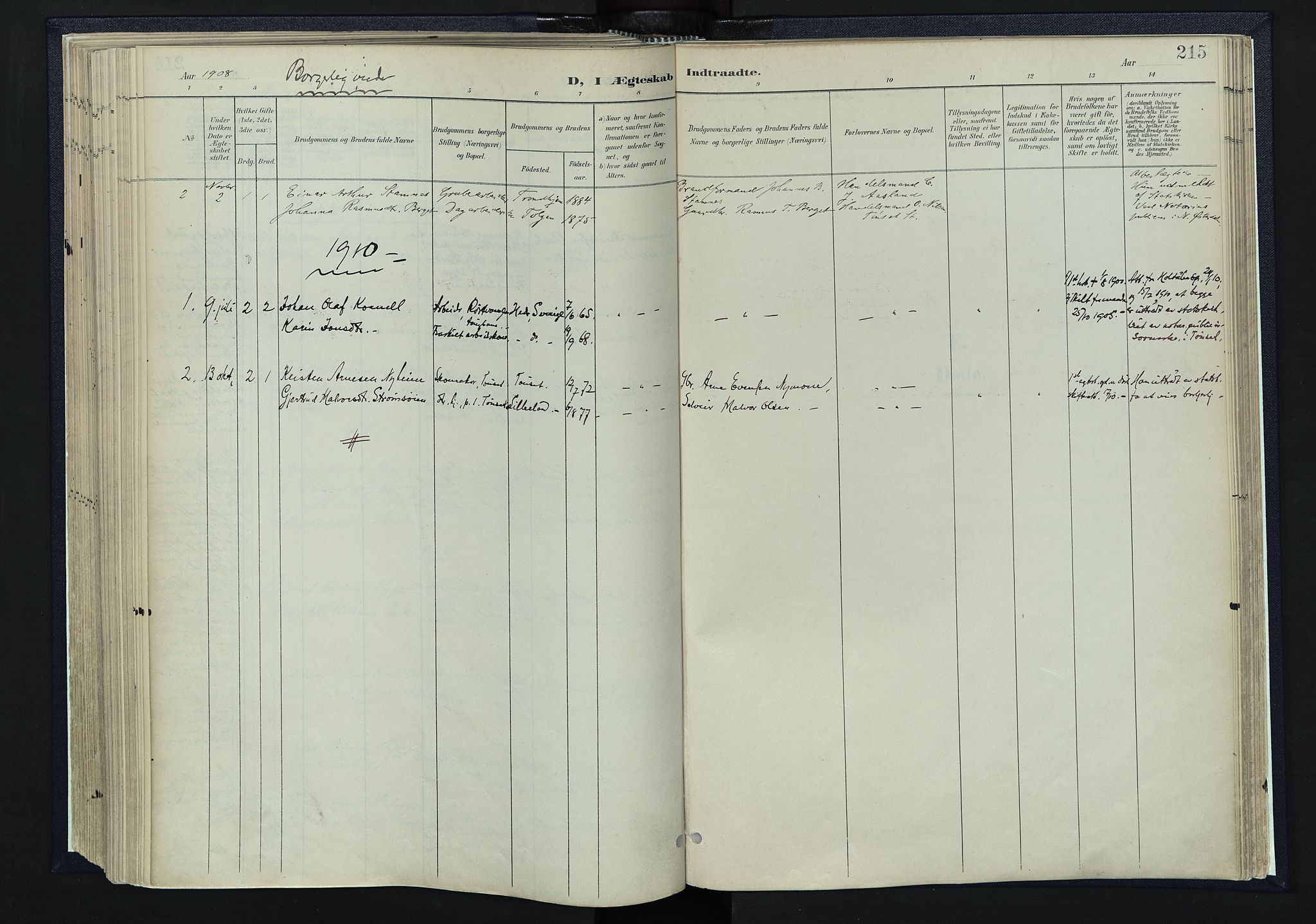 Tynset prestekontor, SAH/PREST-058/H/Ha/Haa/L0025: Parish register (official) no. 25, 1900-1914, p. 215