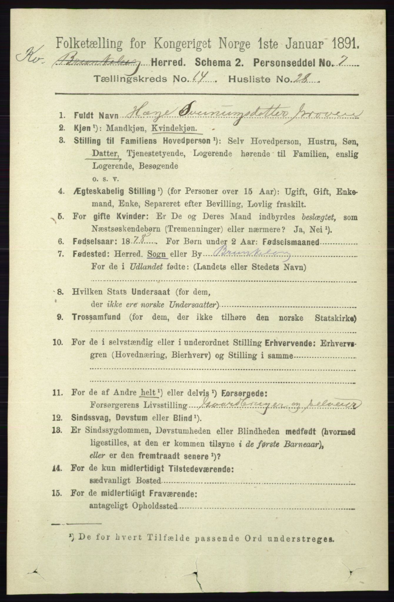 RA, 1891 census for 0829 Kviteseid, 1891, p. 3492