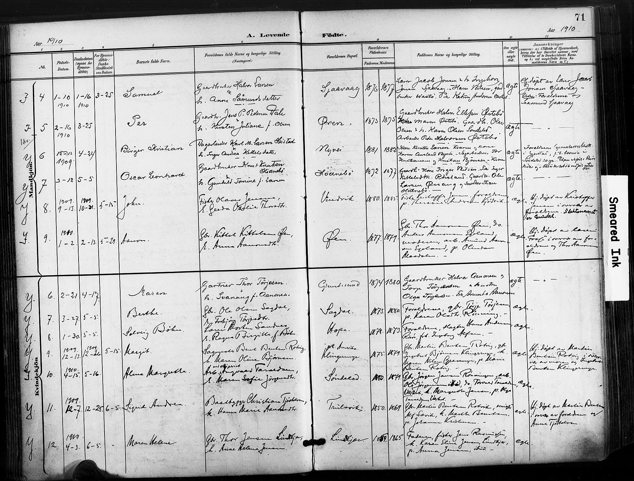 Søndeled sokneprestkontor, AV/SAK-1111-0038/F/Fa/L0006: Parish register (official) no. A 6, 1900-1922, p. 71