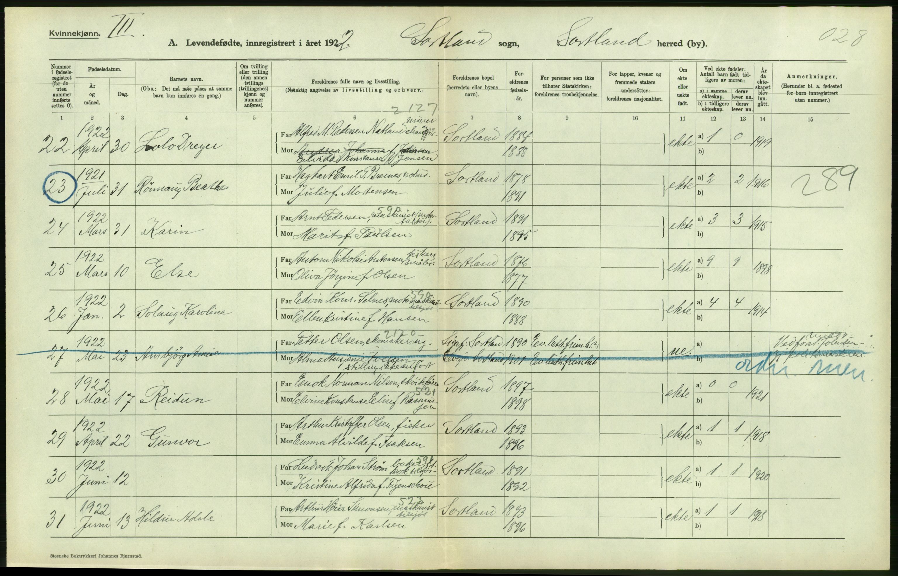 Statistisk sentralbyrå, Sosiodemografiske emner, Befolkning, AV/RA-S-2228/D/Df/Dfc/Dfcb/L0044: Nordland fylke: Levendefødte menn og kvinner. Bygder og byer., 1922, p. 118