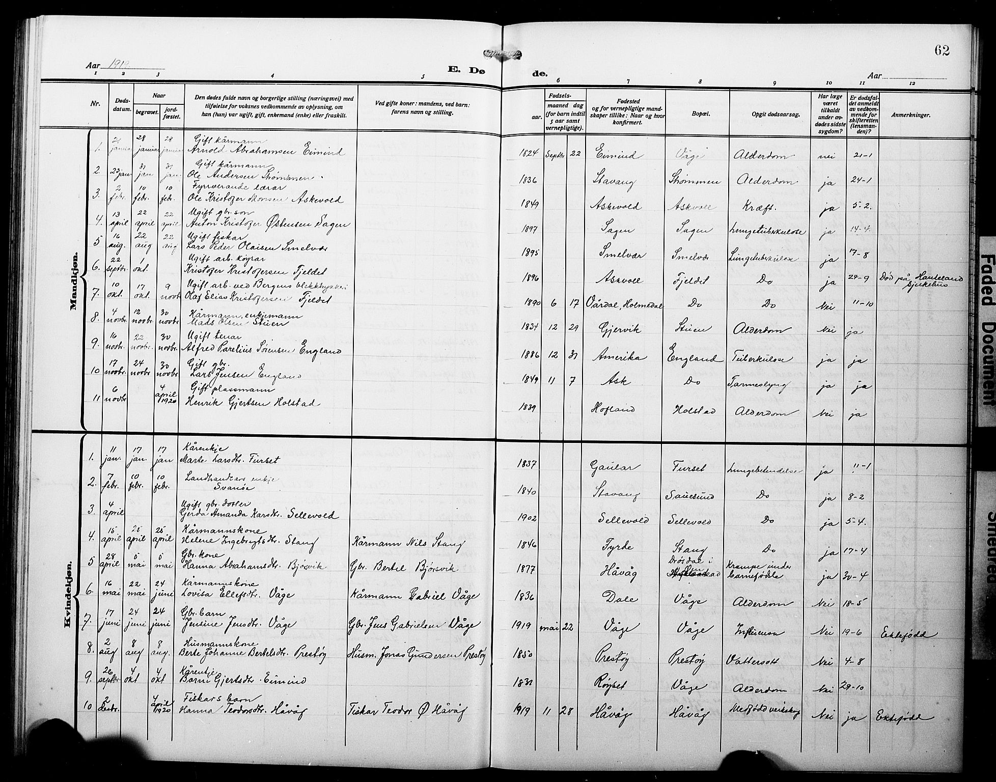 Askvoll sokneprestembete, SAB/A-79501/H/Hab/Haba/L0004: Parish register (copy) no. A 4, 1913-1929, p. 62