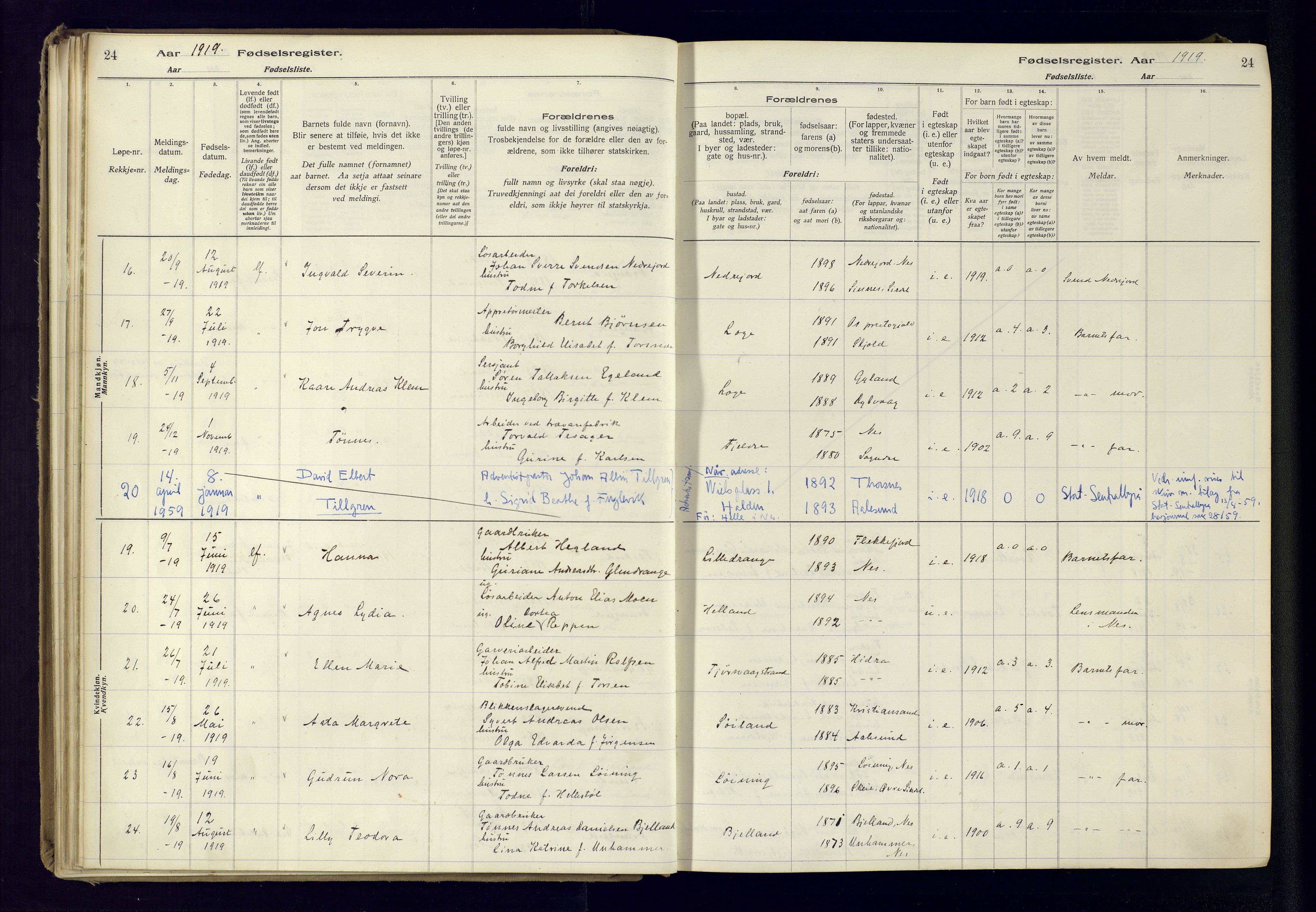 Flekkefjord sokneprestkontor, AV/SAK-1111-0012/J/Ja/L0005: Birth register no. 5, 1916-1950, p. 24