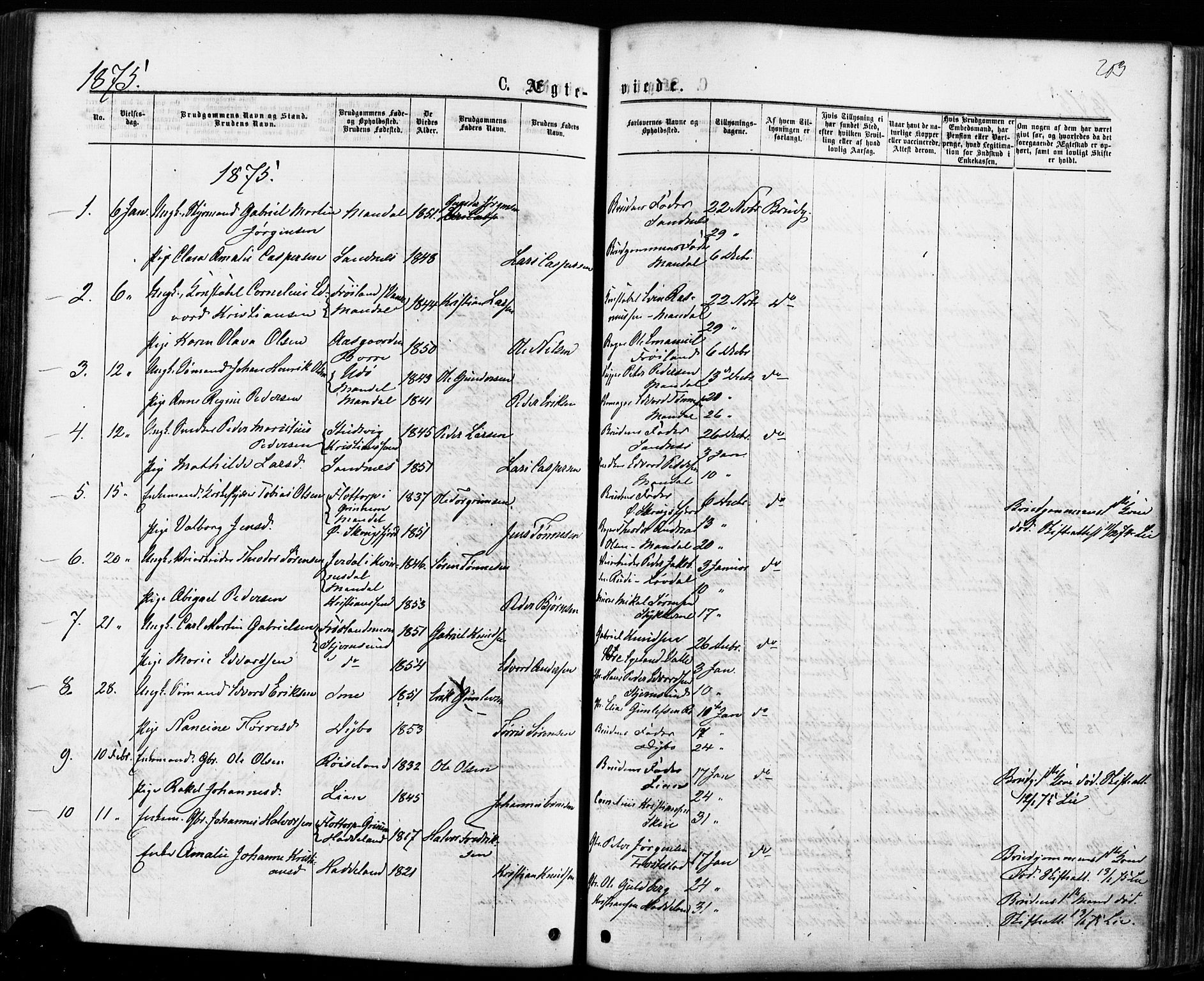 Mandal sokneprestkontor, SAK/1111-0030/F/Fa/Faa/L0015: Parish register (official) no. A 15, 1873-1879, p. 203