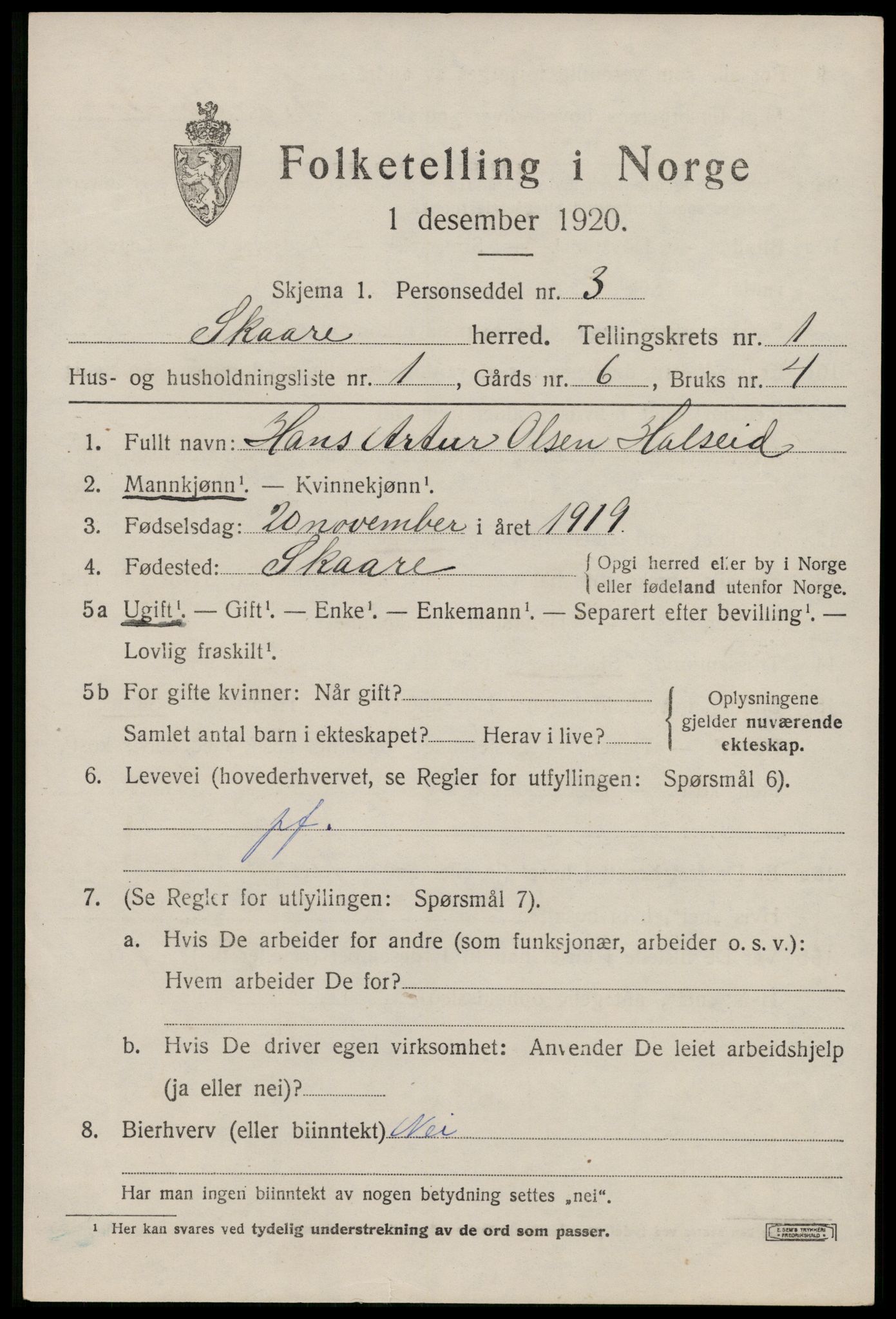 SAST, 1920 census for Skåre, 1920, p. 1094