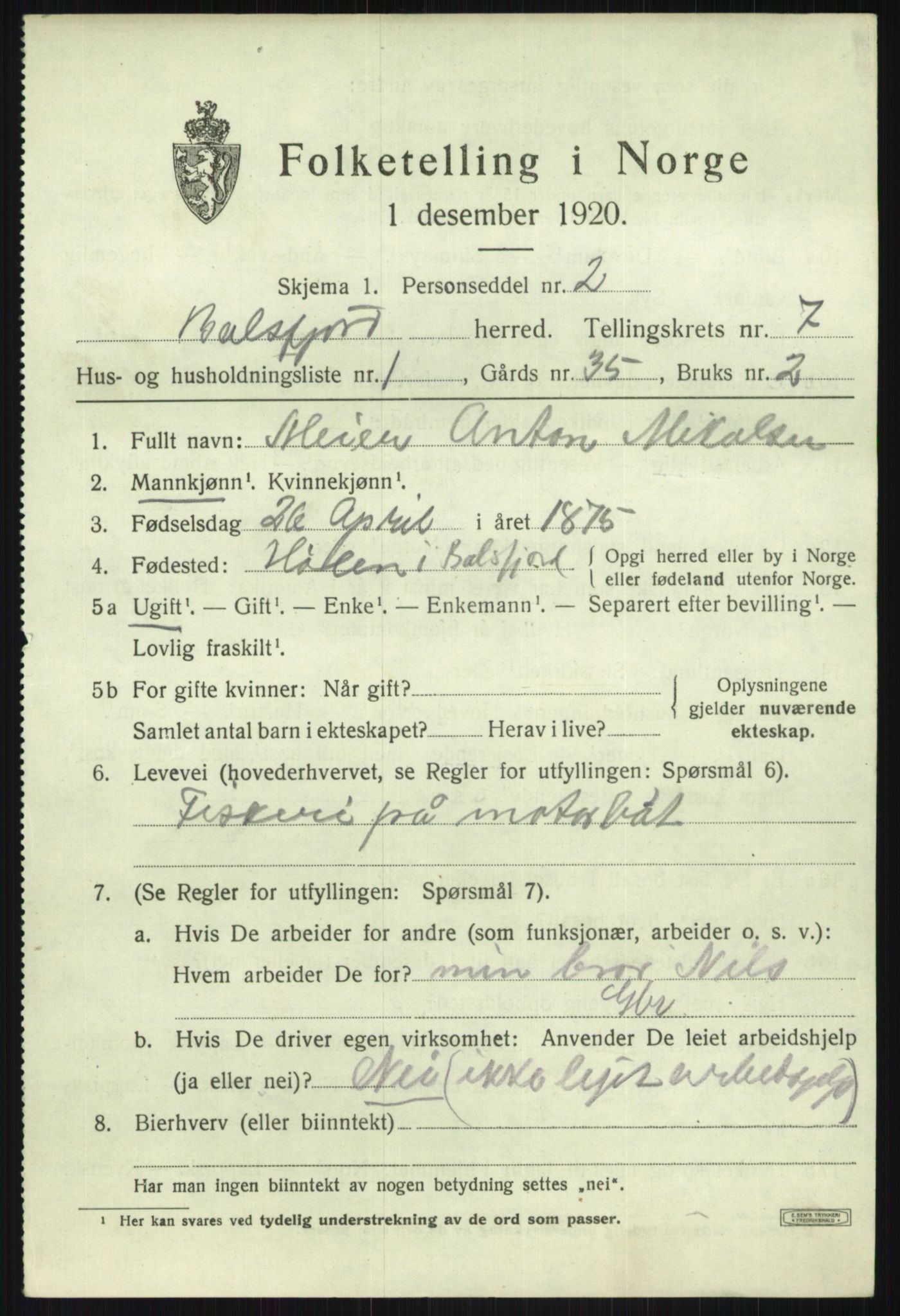 SATØ, 1920 census for Balsfjord, 1920, p. 4158