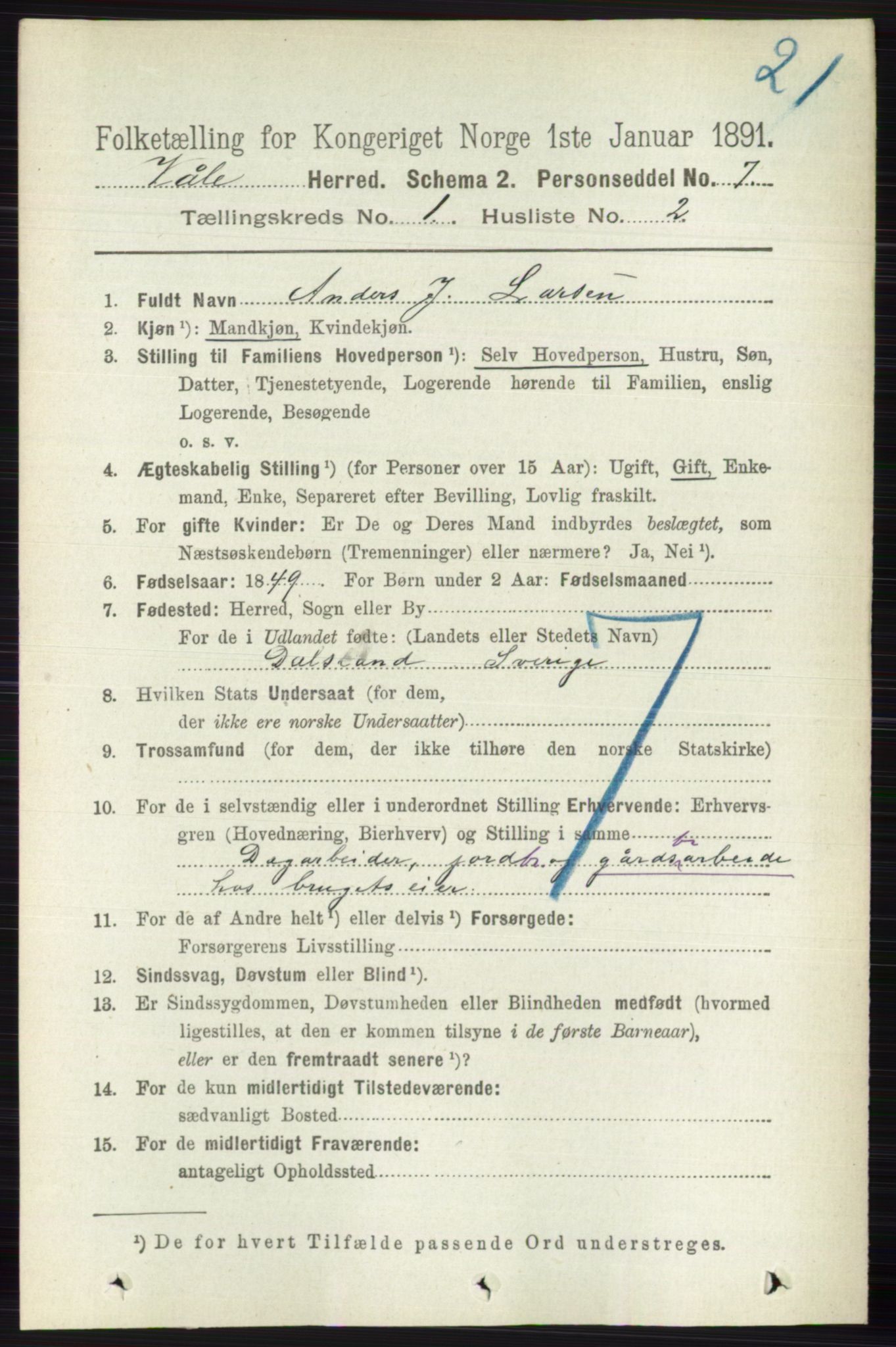 RA, 1891 census for 0716 Våle, 1891, p. 96