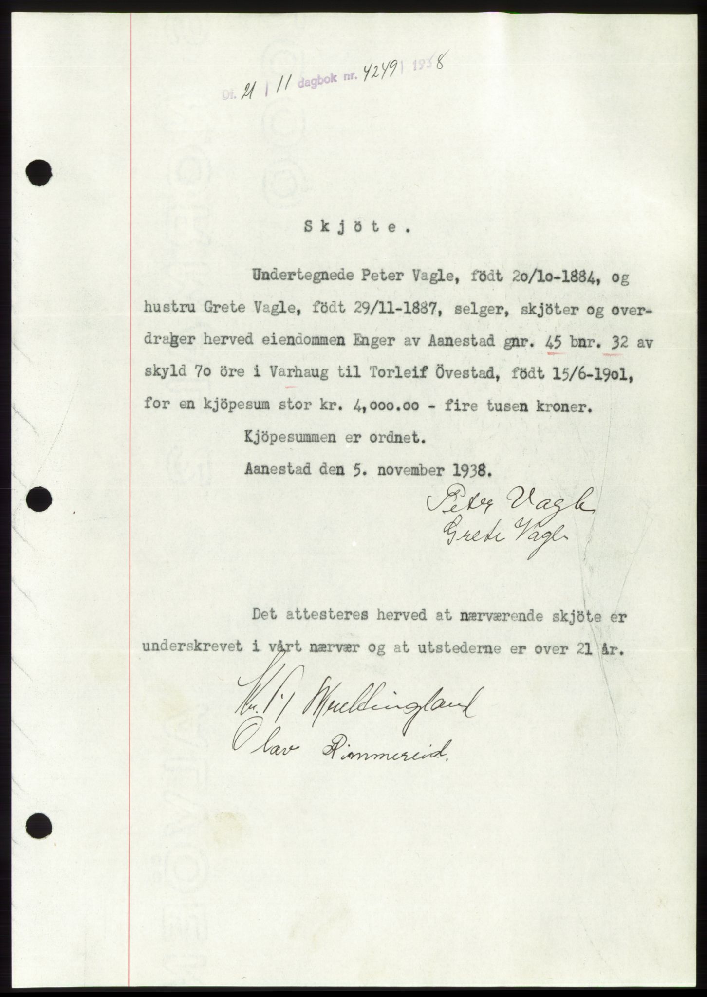 Jæren sorenskriveri, SAST/A-100310/03/G/Gba/L0072: Mortgage book, 1938-1938, Diary no: : 4249/1938