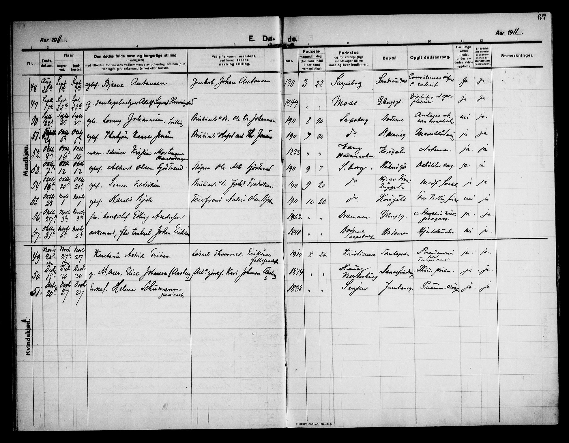 Sarpsborg prestekontor Kirkebøker, AV/SAO-A-2006/F/Fa/L0007: Parish register (official) no. 7, 1910-1918, p. 67