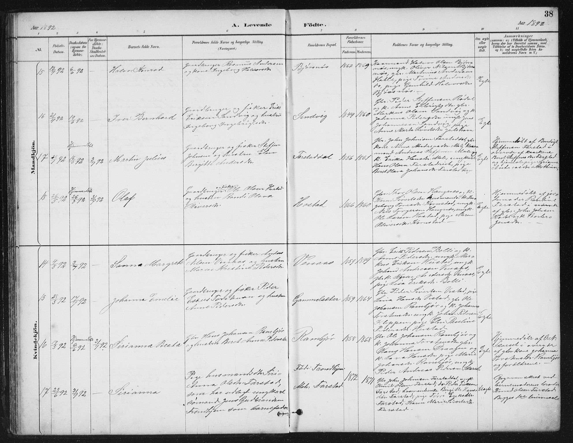 Ministerialprotokoller, klokkerbøker og fødselsregistre - Møre og Romsdal, AV/SAT-A-1454/567/L0783: Parish register (copy) no. 567C03, 1887-1903, p. 38