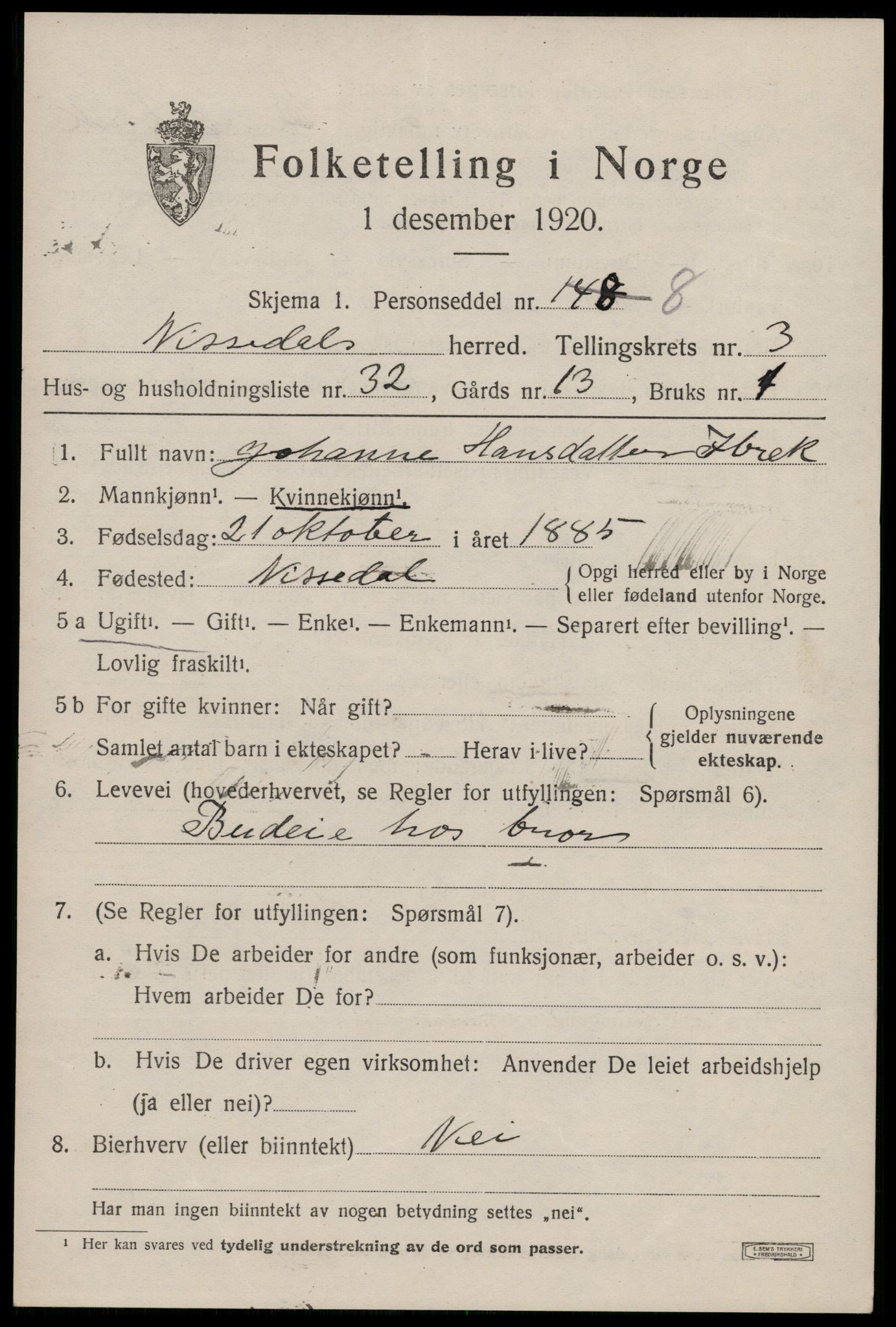 SAKO, 1920 census for Nissedal, 1920, p. 1791