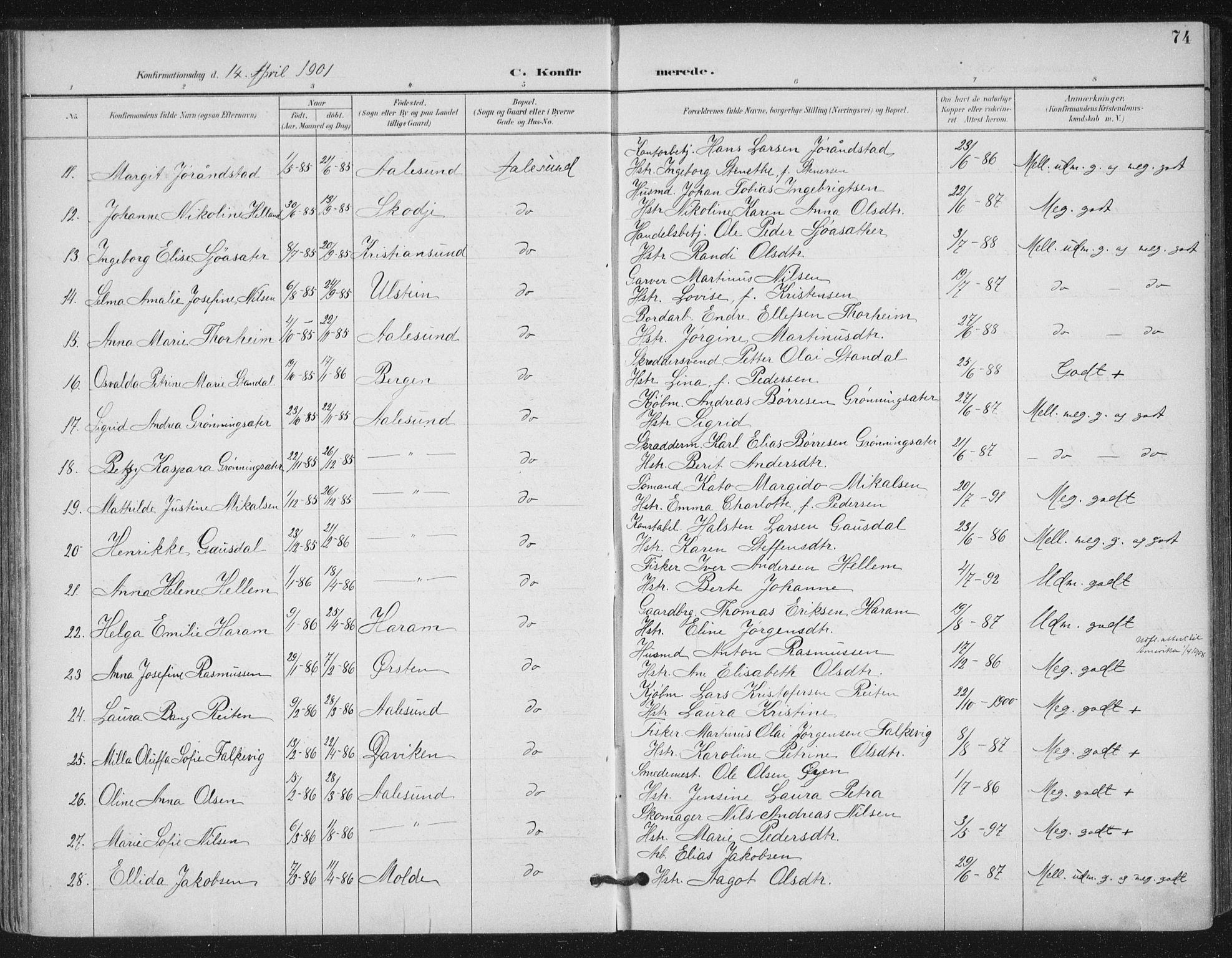 Ministerialprotokoller, klokkerbøker og fødselsregistre - Møre og Romsdal, AV/SAT-A-1454/529/L0457: Parish register (official) no. 529A07, 1894-1903, p. 74