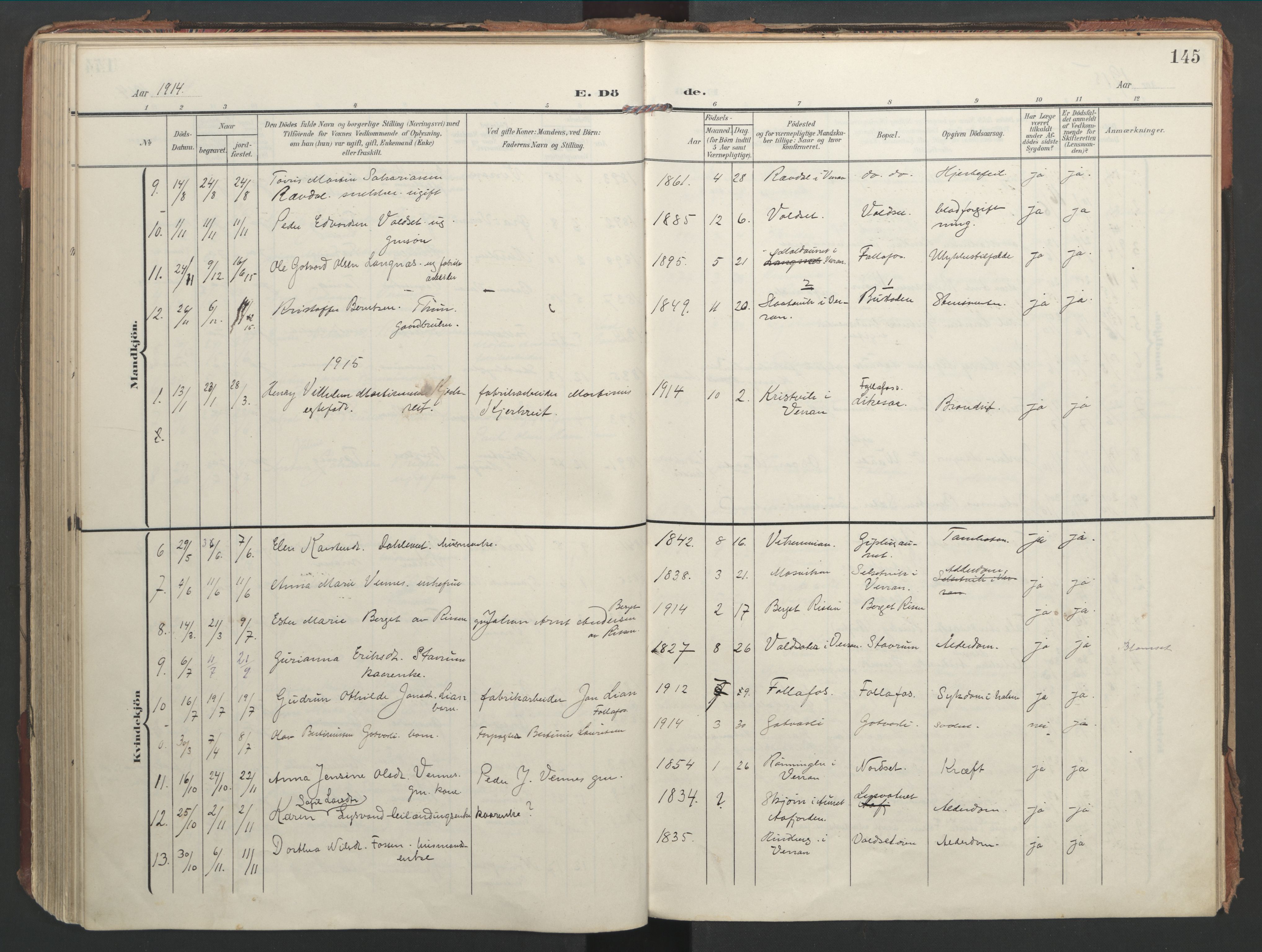 Ministerialprotokoller, klokkerbøker og fødselsregistre - Nord-Trøndelag, SAT/A-1458/744/L0421: Parish register (official) no. 744A05, 1905-1930, p. 145