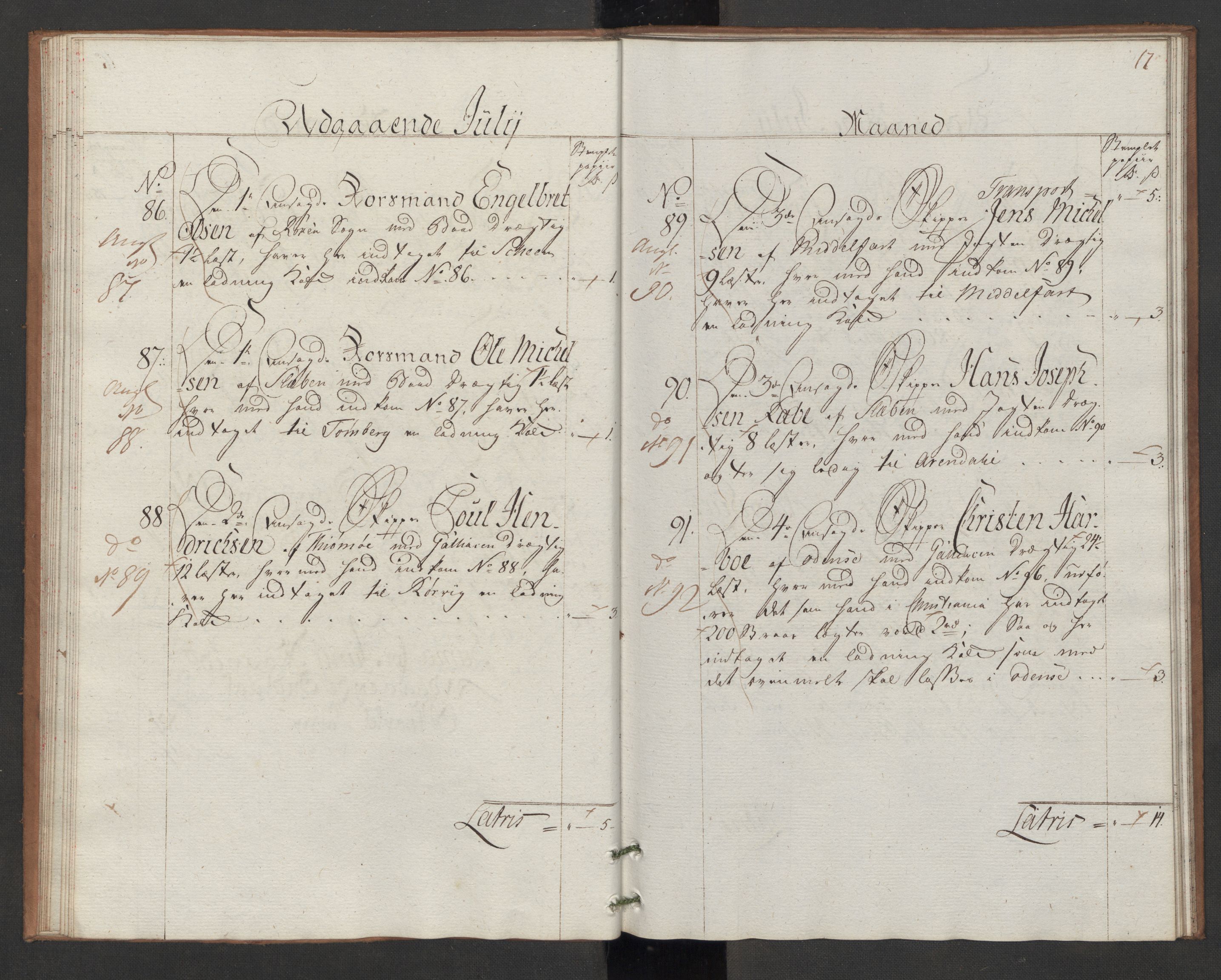 Generaltollkammeret, tollregnskaper, AV/RA-EA-5490/R06/L0166/0002: Tollregnskaper Kristiania / Utgående hovedtollbok Slependen, 1786, p. 16b-17a