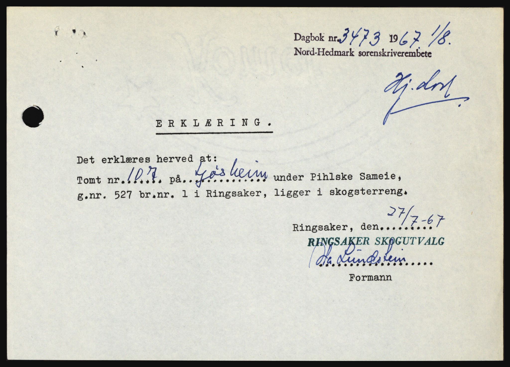 Nord-Hedmark sorenskriveri, SAH/TING-012/H/Hc/L0026: Mortgage book no. 26, 1967-1967, Diary no: : 3473/1967