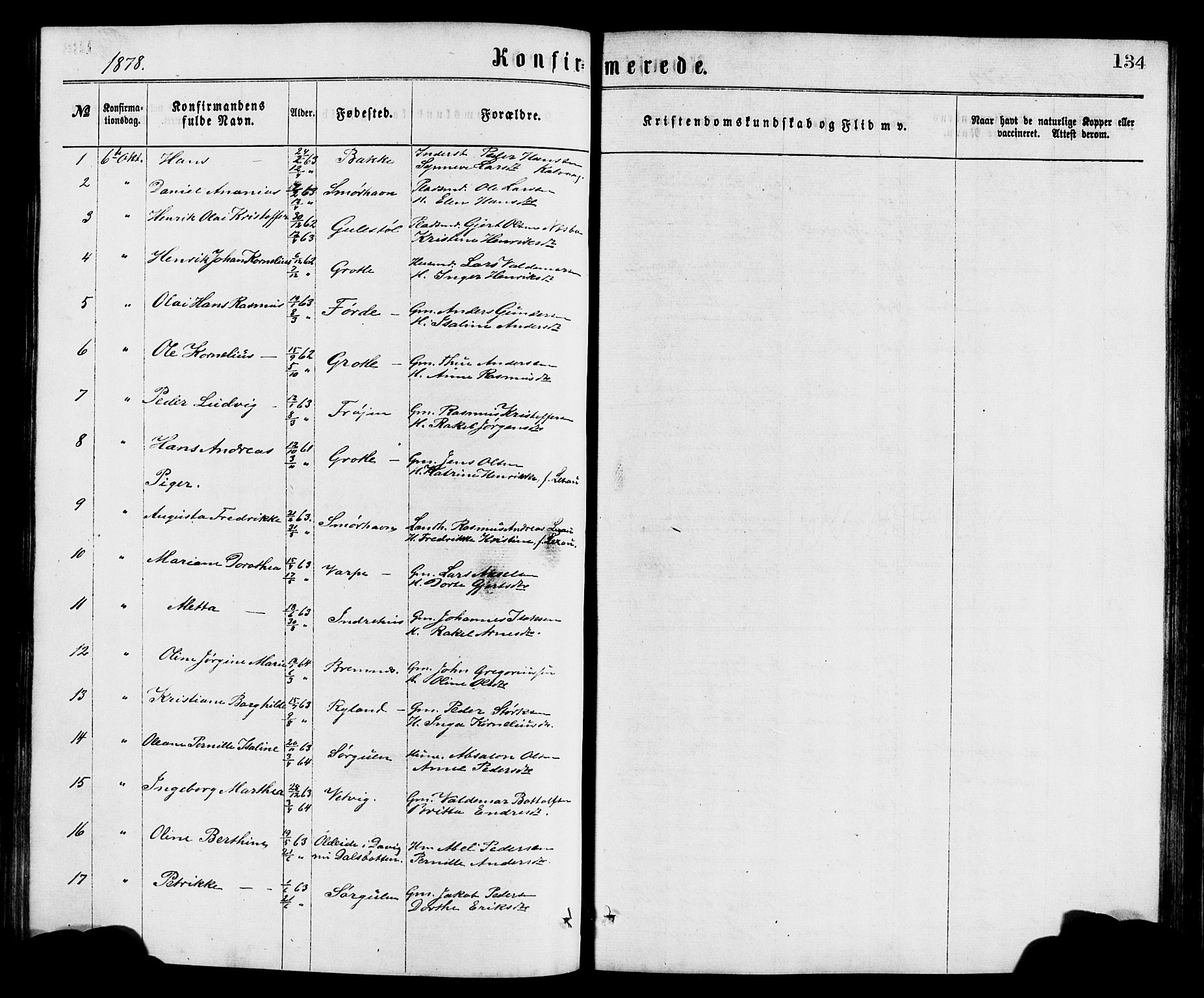 Bremanger sokneprestembete, SAB/A-82201/H/Hab/Haba/L0002: Parish register (copy) no. A 2, 1866-1889, p. 134