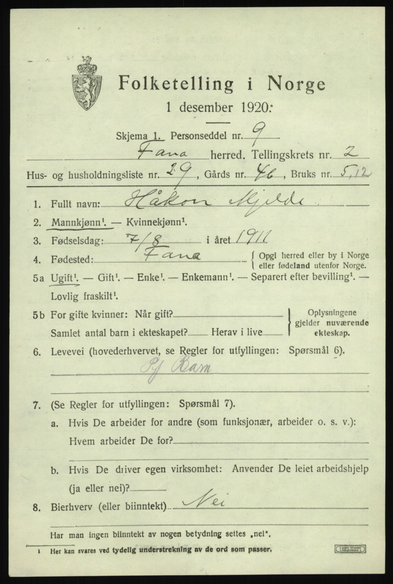 SAB, 1920 census for Fana, 1920, p. 4799