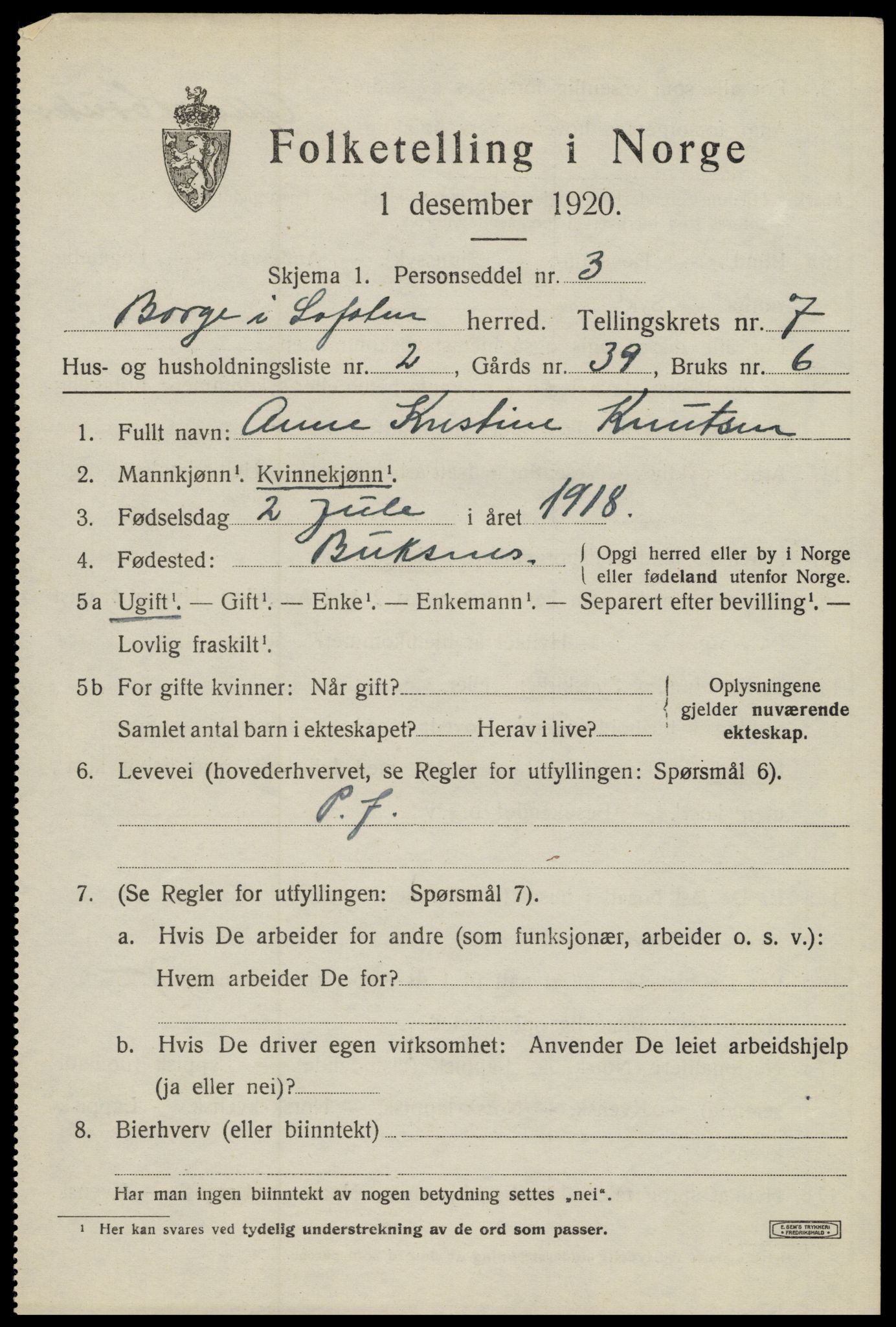 SAT, 1920 census for Borge, 1920, p. 6395