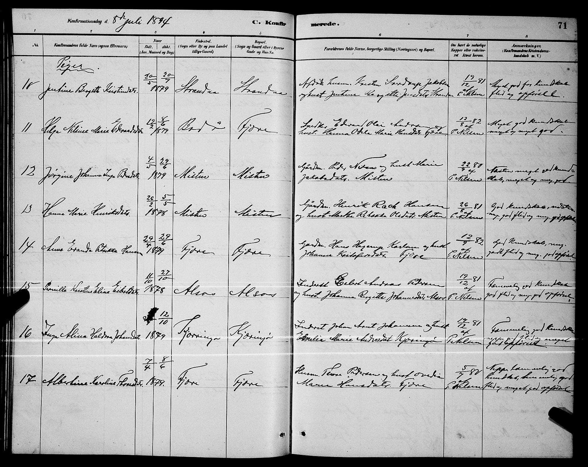 Ministerialprotokoller, klokkerbøker og fødselsregistre - Nordland, SAT/A-1459/803/L0076: Parish register (copy) no. 803C03, 1882-1897, p. 71