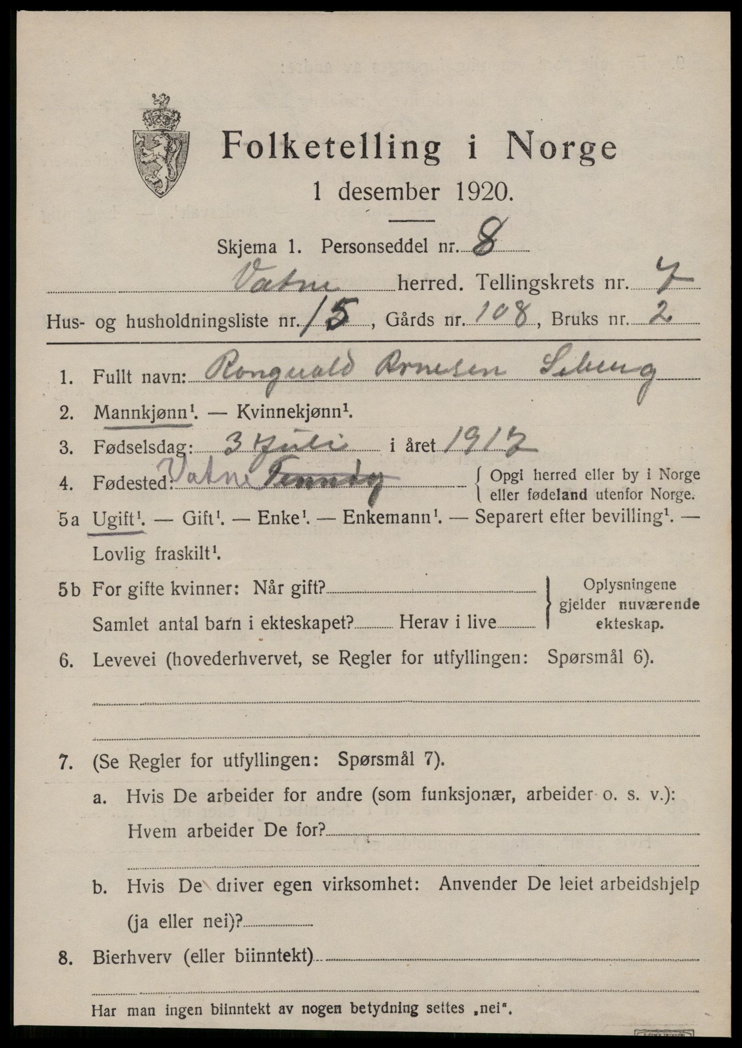 SAT, 1920 census for Vatne, 1920, p. 3330