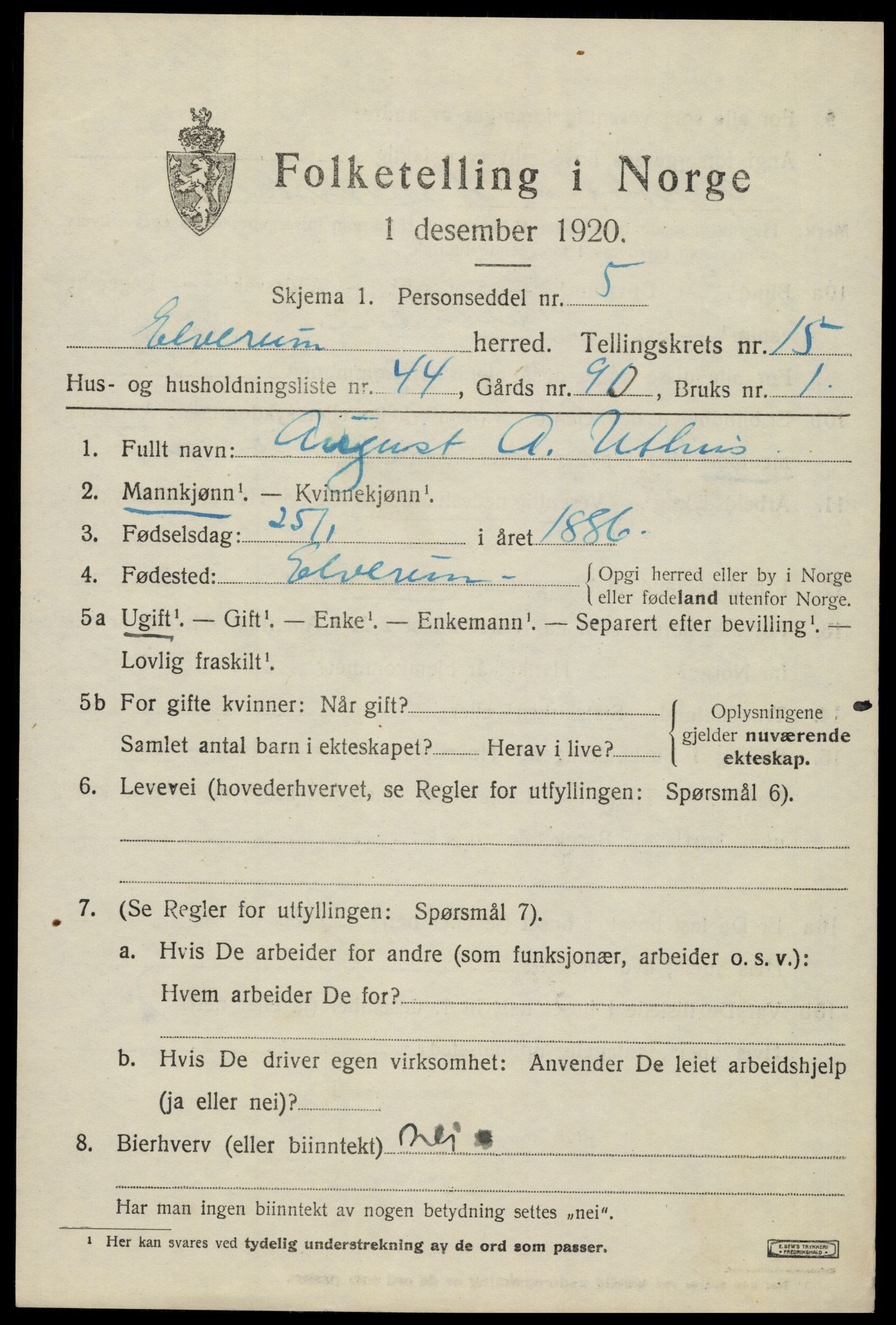 SAH, 1920 census for Elverum, 1920, p. 19724